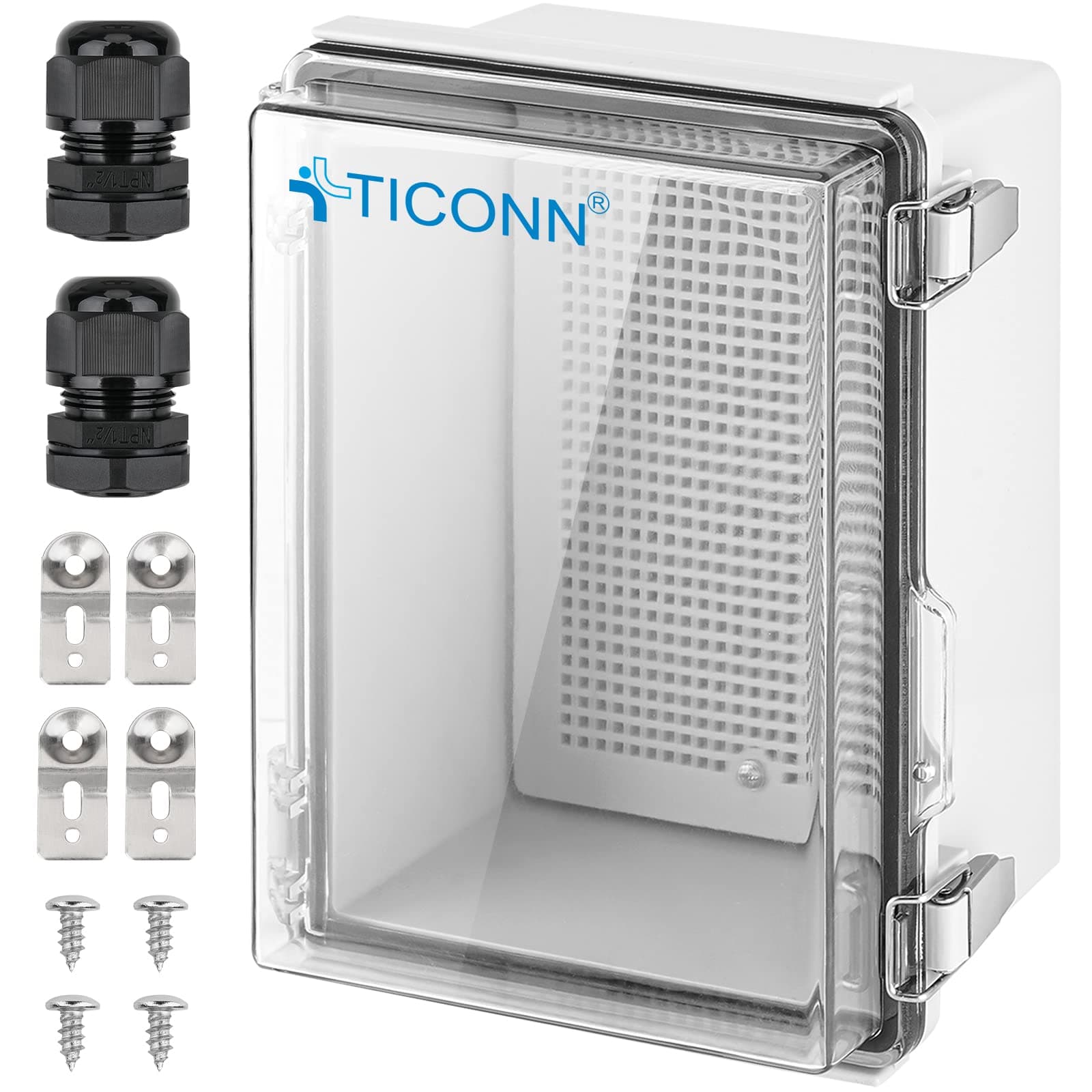 TICONN Outdoor Electrical Box Waterproof, Junction Box IP67 ABS Plastic Enclosure with Hinged Cover with Mounting Plate, Wall Brackets, Cable Glands (Clear, 8.7"x6.7"x4.3")