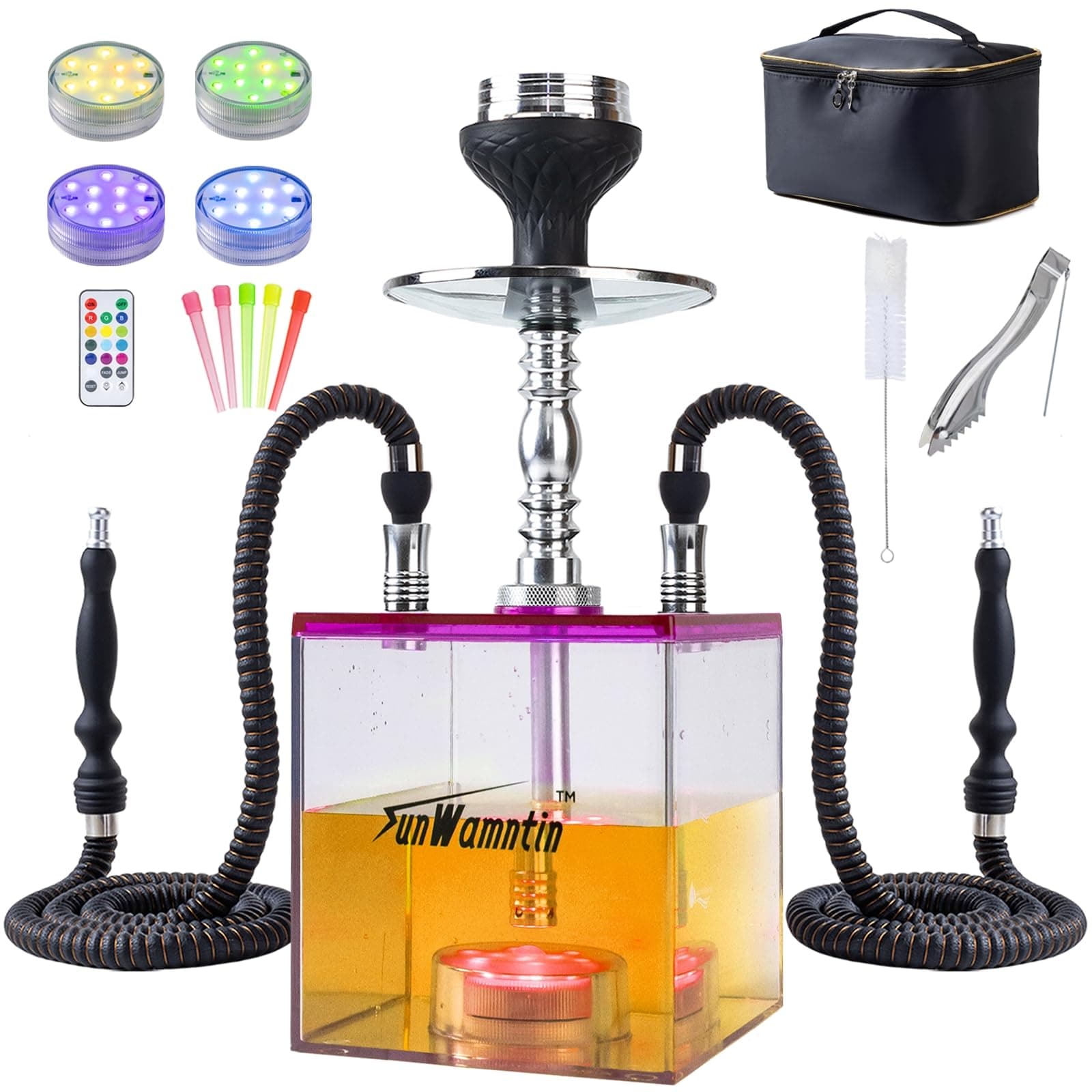 Pink Modern Acrylic 2 Hose Hookah Set with Everything - Complete Hookah Kit for Narguile Smoking