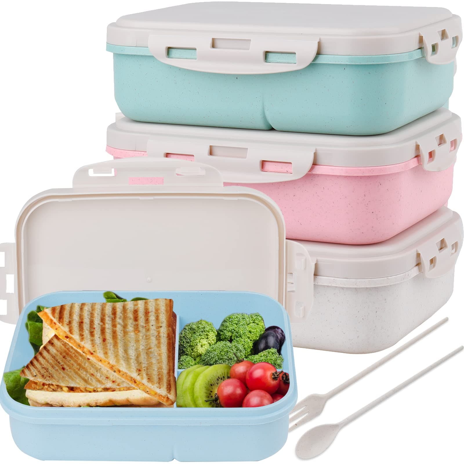 Dicunoy 4 Pack Bento Box, Lunch Box Container with 3 Compartments, Easy Snack Boxes with Utensils for Dinner, Salad, Toddler, Adults, Work