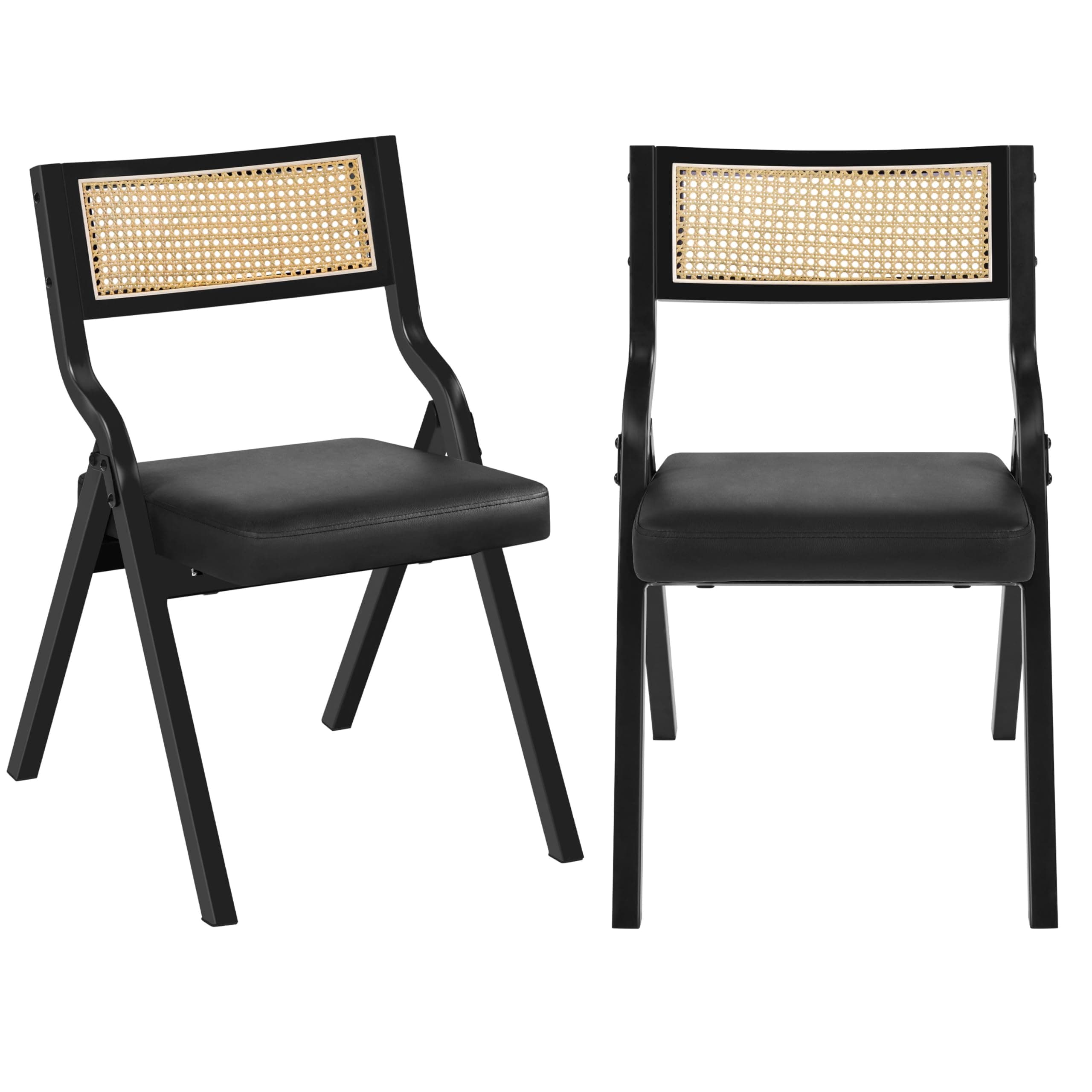 Yaheetech Folding Dining Chairs Folding Chairs Padded Dining Chairs Faux Leather Accent Chairs with Rattan Back Metal Frame Leather Seat Set of 2,Black