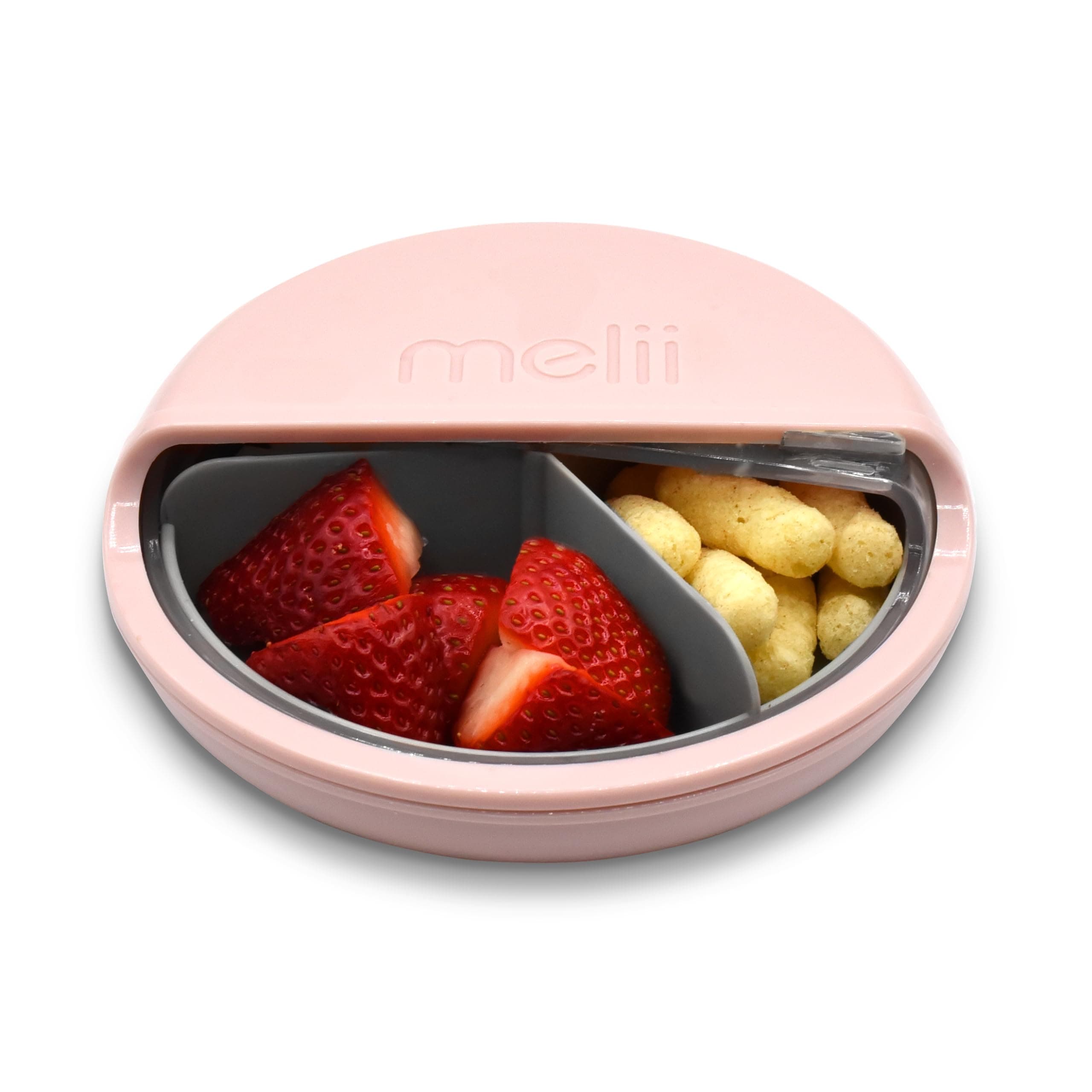 melii Spin Snack Container 3 snack compartments with capacity of 4oz/114ml each, Pink/Grey