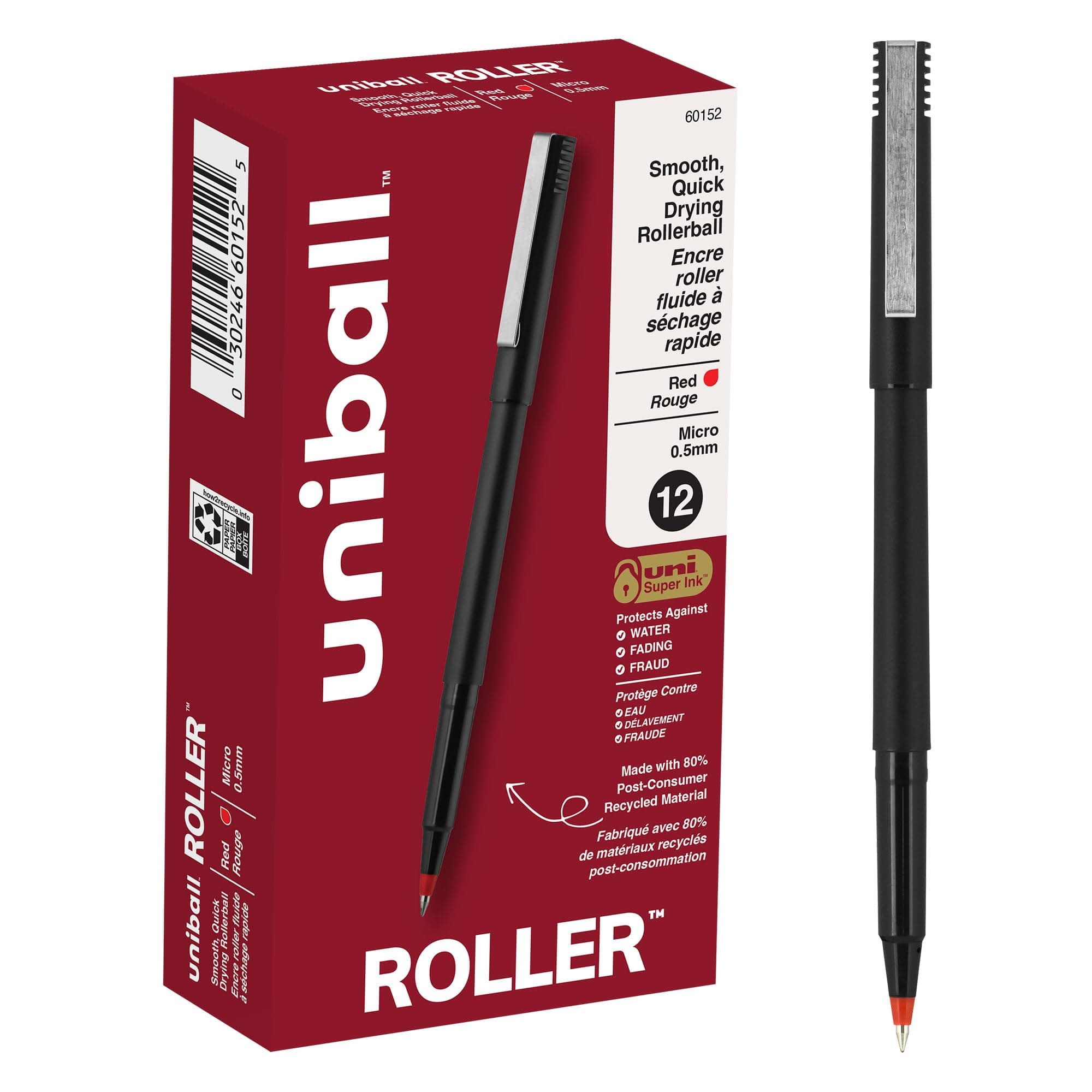 uniball Roller Ball Stick Pens, 0.5 mm Micro Tip, Red, Pack of 12