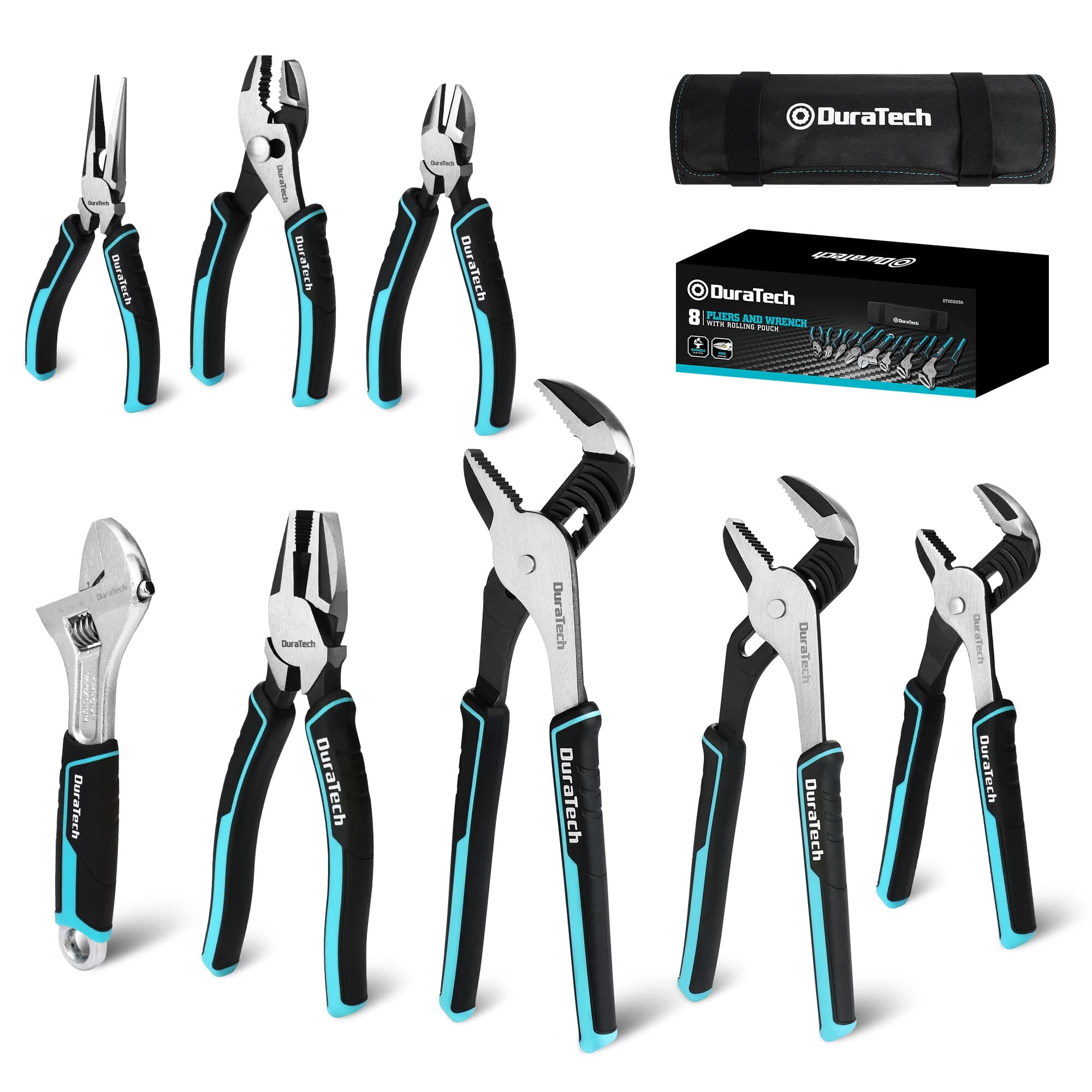 8-Piece Pliers Set with Rolling Pouch, Premium Cr-V/Cr-Ni Construction, (12", 10", 8" Groove Joint Pliers, 8" Adjustable Wrench, 8" Linesman, 6" Long Needle Nose, 6" Slip Joint, 6" Diagonal)