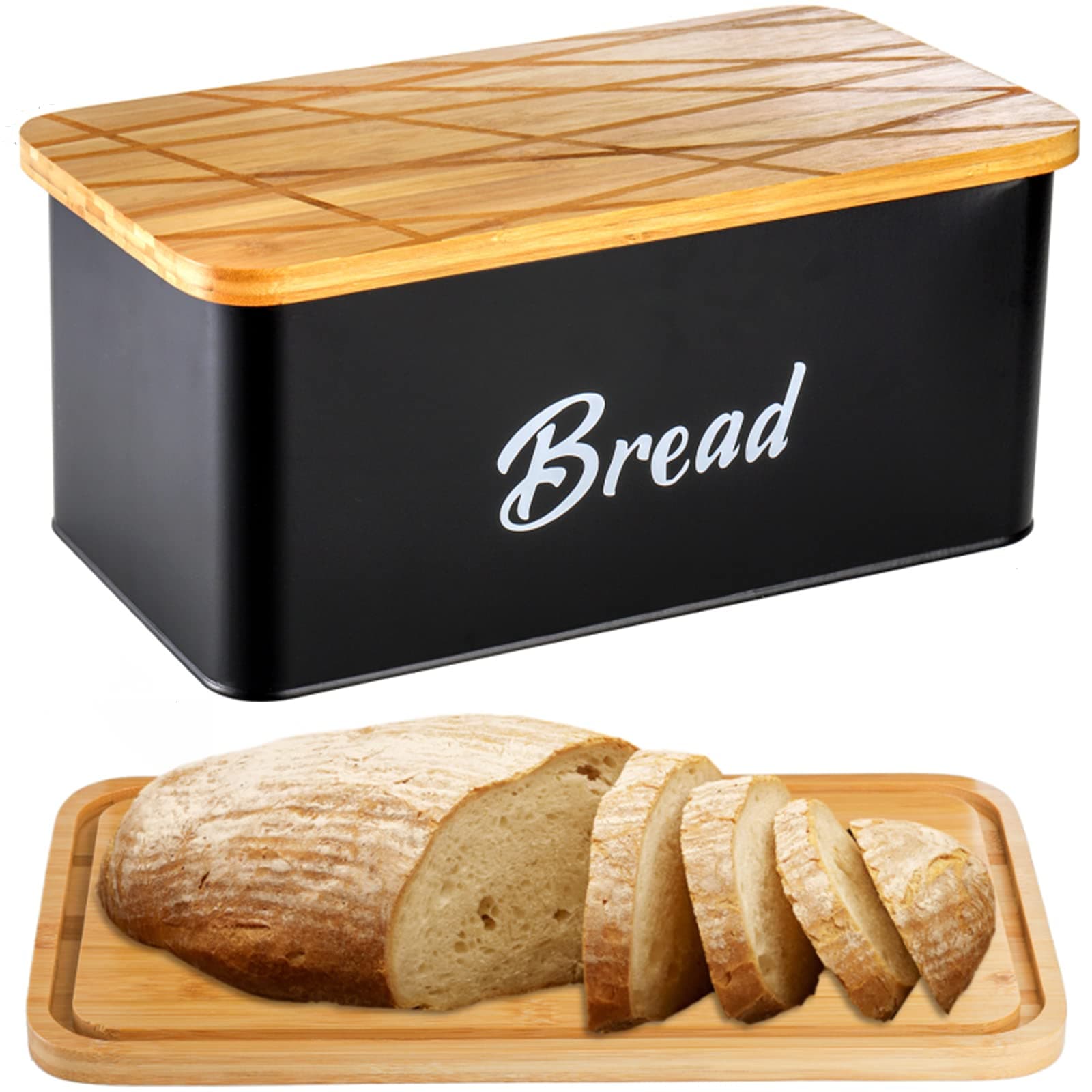 Farmhouse Metal Bread Box, Black Bread Storage Container with Cutting Board Lid, Vintage Retro Bread Keeper Bin for Bread, Kitchen Countertop, Pantry, Freezer, Keep Fresh