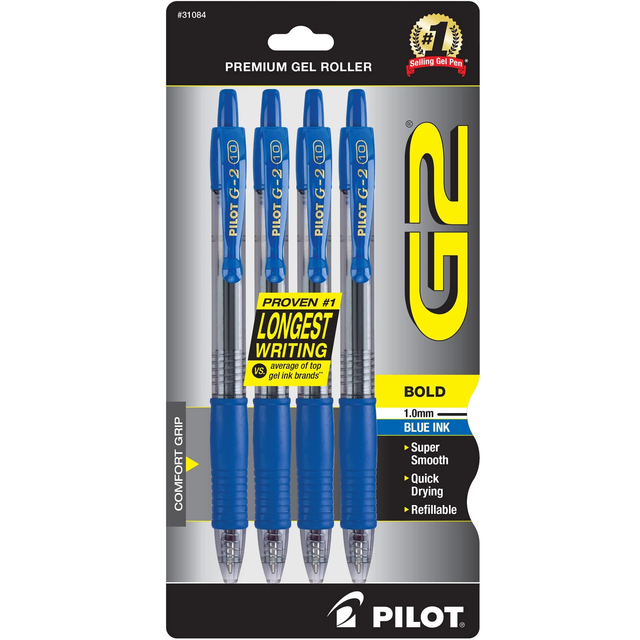 (4-Pack, Blue) - Pilot G2 Retractable Premium Gel Ink Roller Ball Pens, Bold Point, 4-Pack, Blue Ink (31084)