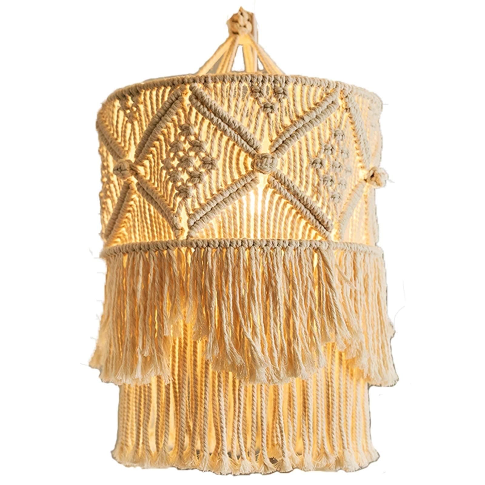Macrame Lamp Shade, Bohemian Macrame Lantern Lamp Shape, Handmade Cotton Tassel Chandelier Lampshade, Used For Bedroom, Living Room And Dormitory Decoration