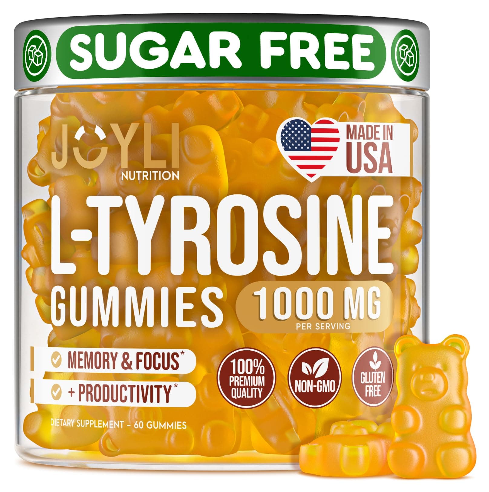 Joyli L Tyrosine Gummies 1000MG - L-Tyrosine Supplement for Kids & Adults - Calm & Focus Gummies for Brain, Memory, Mood, and Energy - 500mg L- Tyrosine Powder per Gummy - Vegan, Gluten-Free