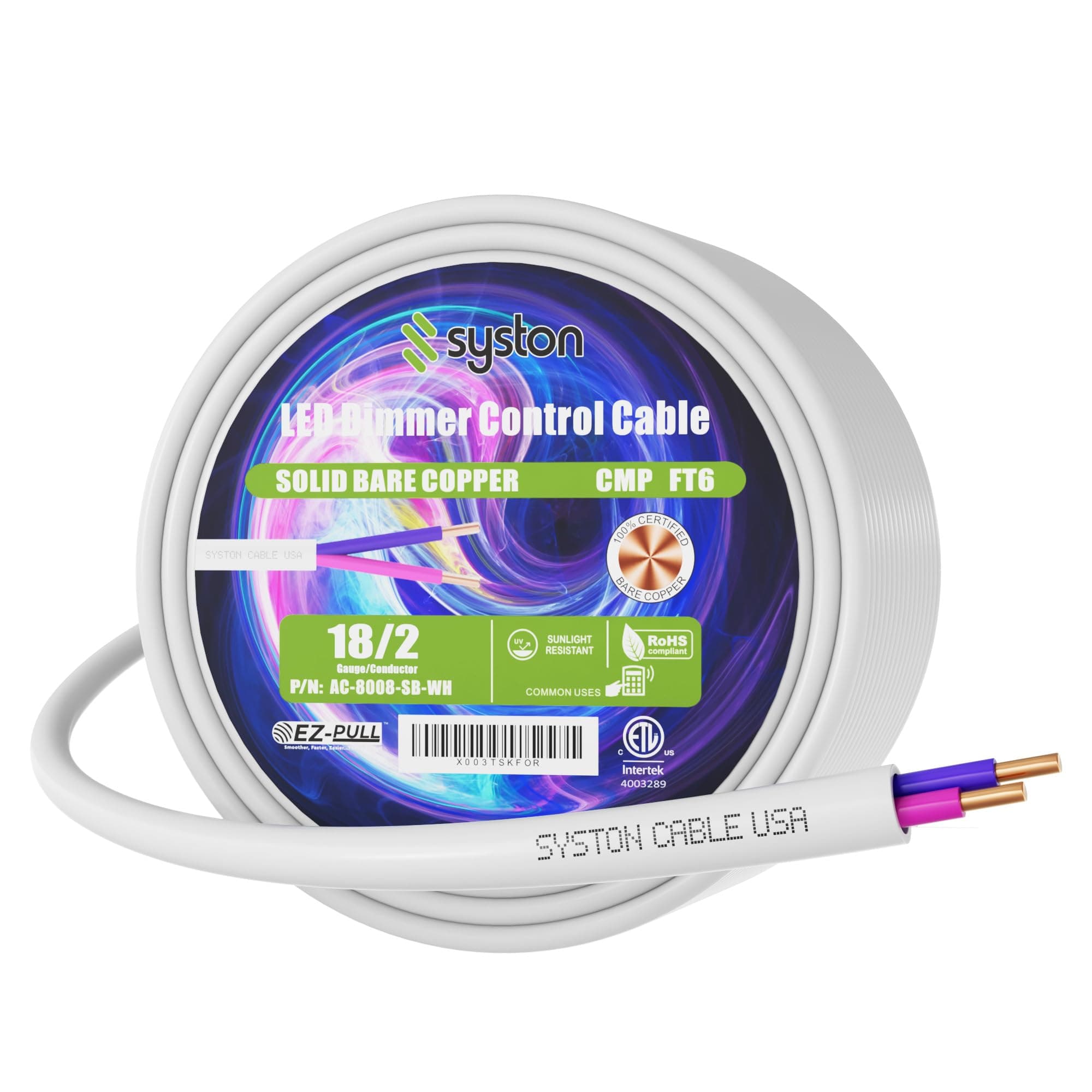 Syston Cable Technology 18/2 Thermostat LED Dimmer Control Speaker Cable White 50 ft 18 AWG 2 Conductors Solid Bare Copper Unshielded Plenum Rated CMP CL3 FT6