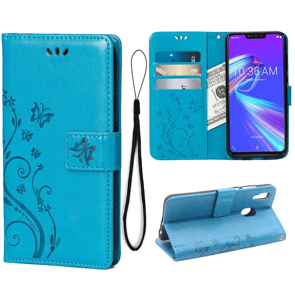 Teebo Wallet Case for Asus Zenfone Max (M2) ZB633KL, 3 Card Holder Embossed Butterfly Flower PU Leather Magnetic Flip Cover For Asus Zenfone Max (M2) ZB633KL(Blue)