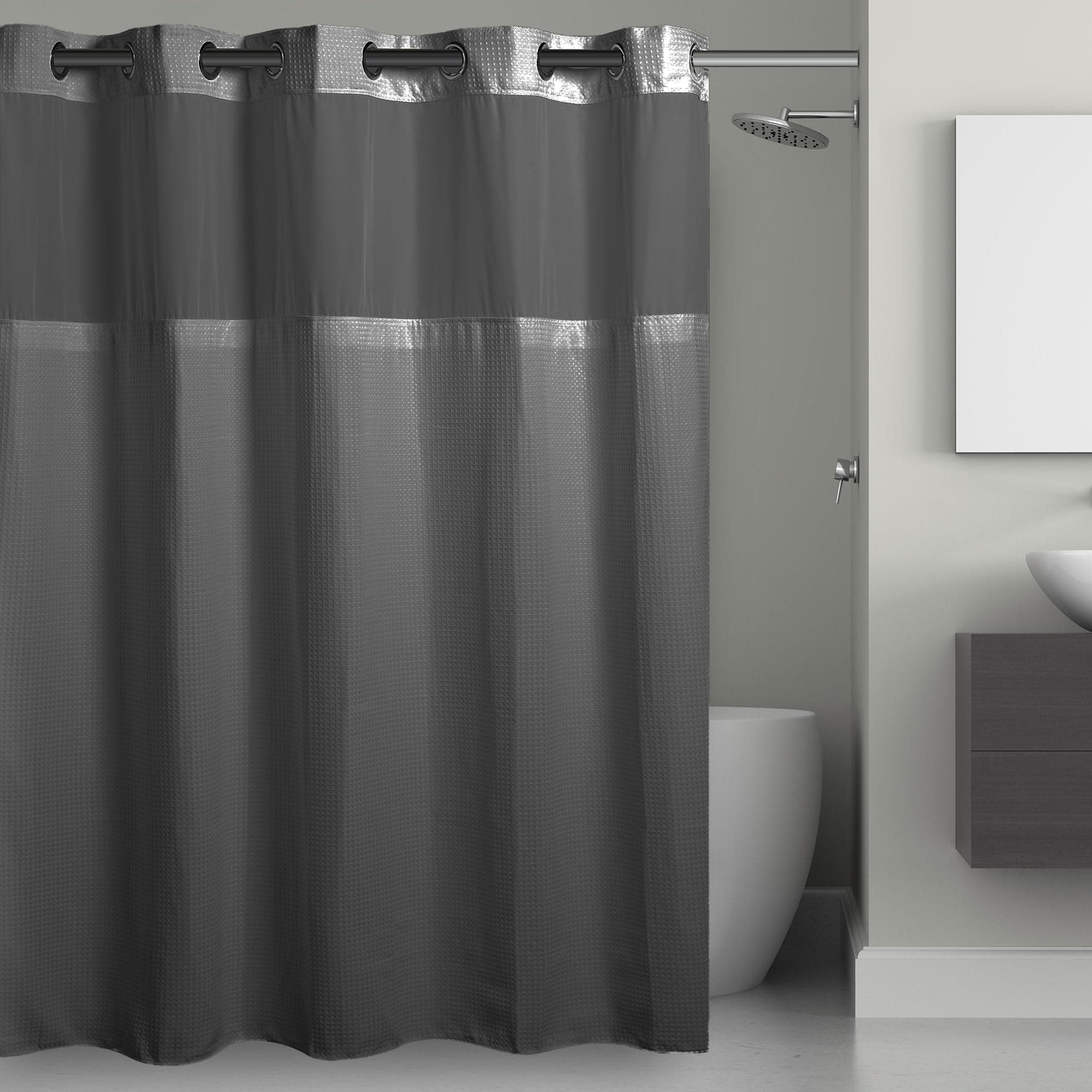 Hookless It's A Snap! 3-in-1 Shower Curtain With Waffle Fabric, Sheer Top Window, Flex-On Rings & Liner, 71" x 74", Graphite Grey
