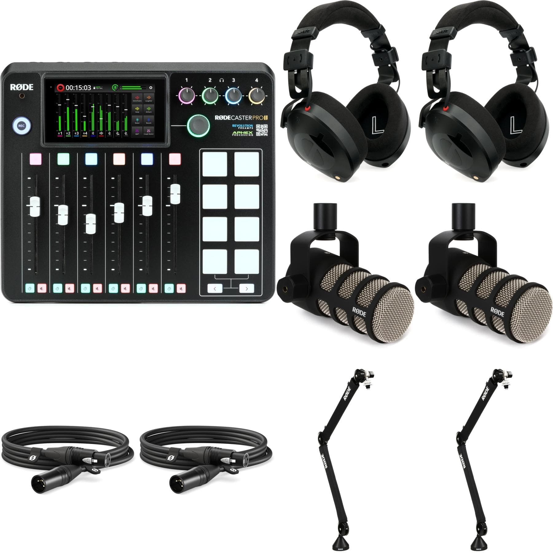 2 Person Podcast Bundle, Rodecaster Pro II and 2 PodMic Cardioid Dynamic Microphones, 2 Pairs of Headphones, 2 10' XLR Cables, 128GB SD Card, 2 Boom Arms, and Dust Cover
