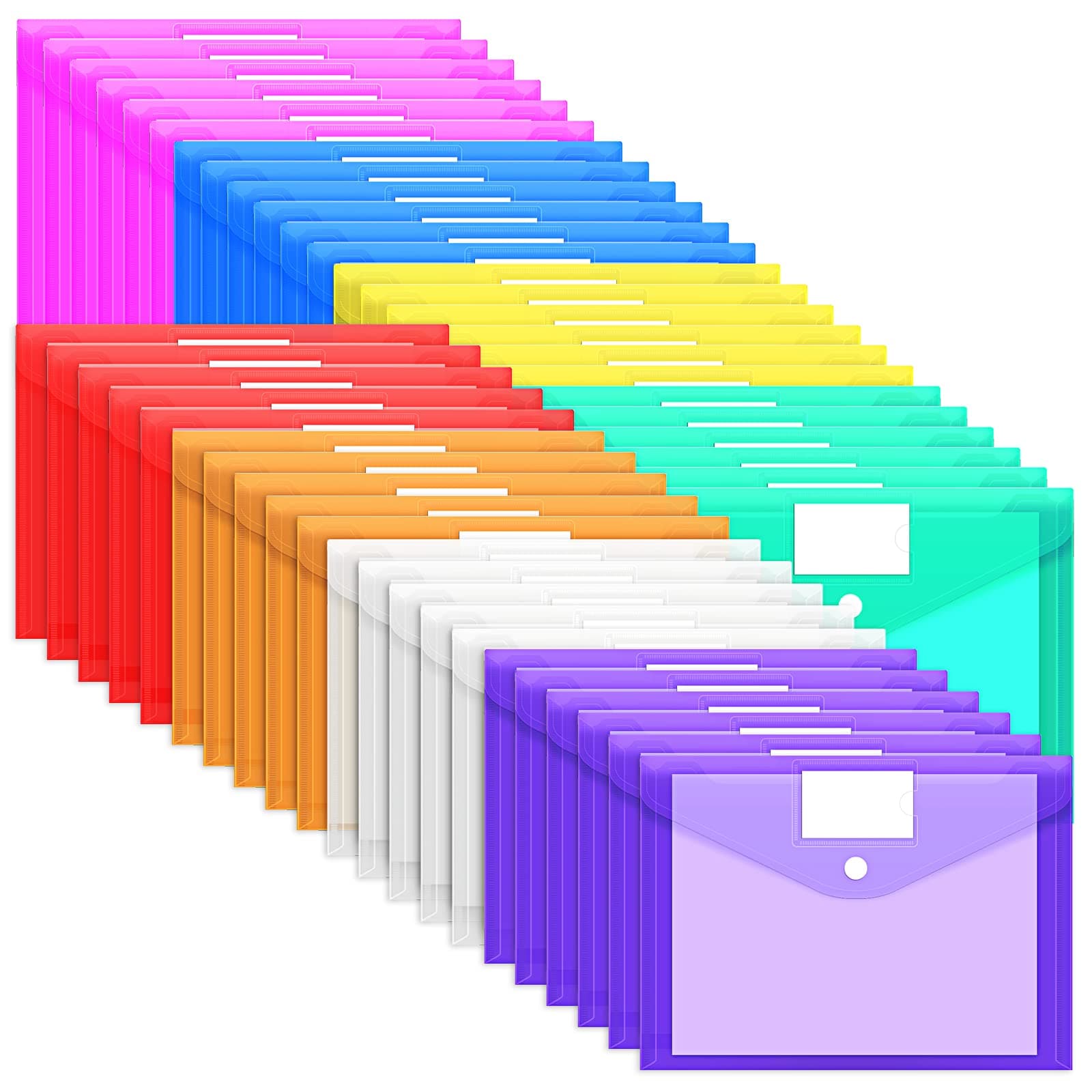 EOOUT 45 Pack Plastic Envelopes Poly Envelopes, Clear Document File Folders with Hook & Loop Closure, A4 Size with Label Pocket for School Home Work Office Organization, 8 Colors