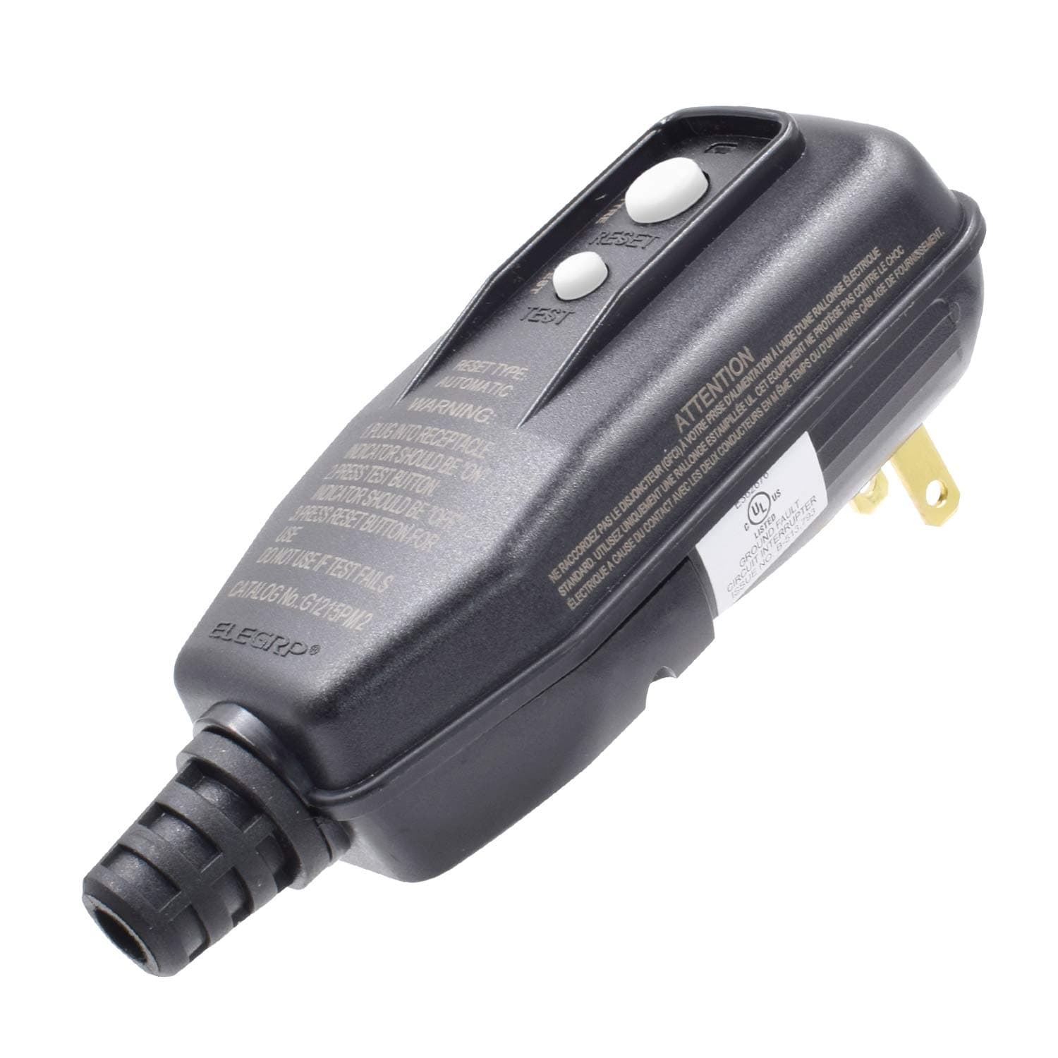 ELEGRP G1215PM2 Manual Reset GFCI Replacement Plug Assembly 15 Amp 2 Wires 2-Prongs NEMA 1-15P Non-Grounding for Power Tools, Lawn Equipment, Cutting Machine and More, UL Listed (1 Pack, Black)