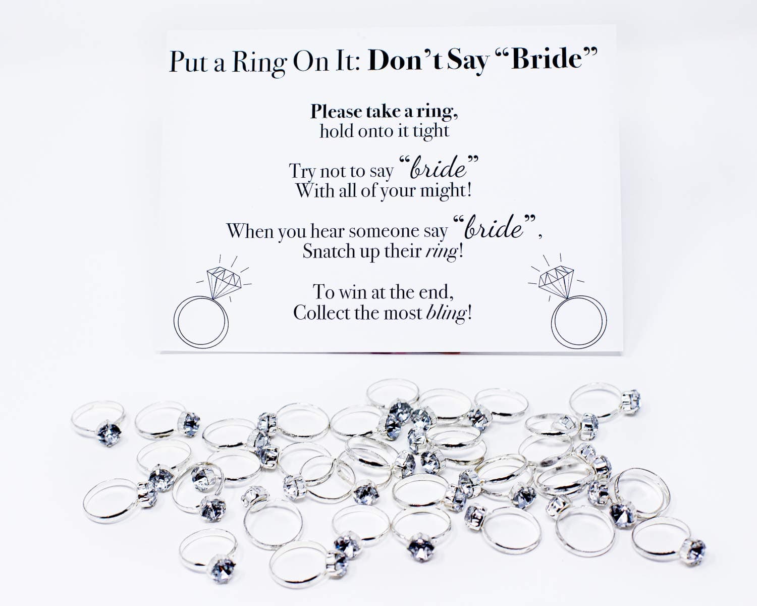 Put a Ring On It Bridal Shower Game with 36 Cute Plastic Rings for Bridal Shower Games for Guests and Engagement Parties and Don't Say Bride Game Rules Display Card