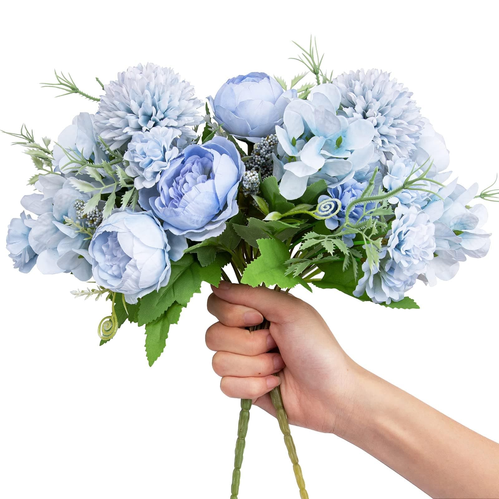 Artificial Flowers, 2 Pack Fake Peony Silk Light Blue Hydrangea Bouquet Decor Plastic Carnations Daisy Realistic Flower Arrangements Wedding Decoration Table Centerpieces, for Home Office Party Decor