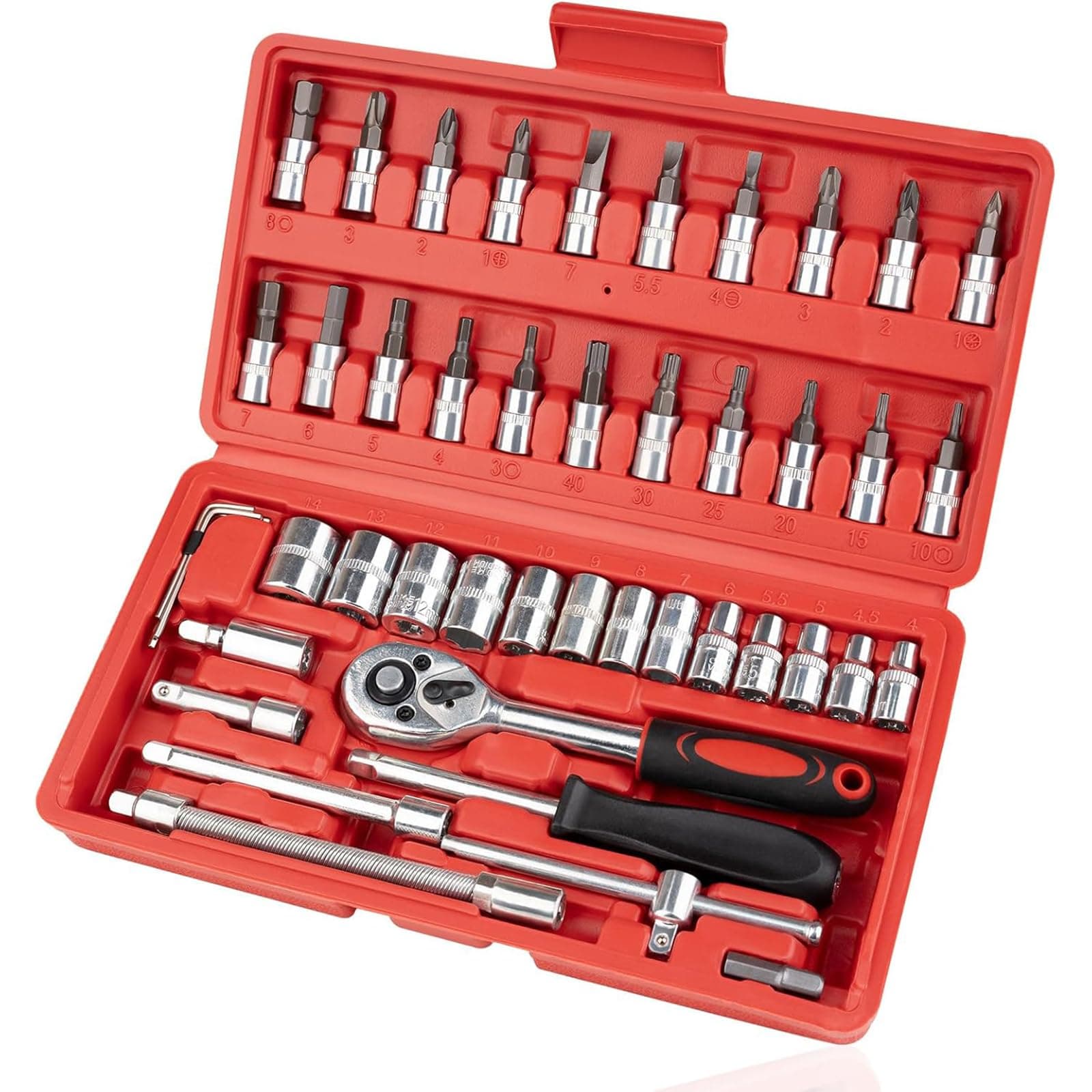 46PCS 1/4 inch Socket Wrench Set, with Bit Socket Set Metric and Extension Bar for Auto Repairing and Household, with Storage Case