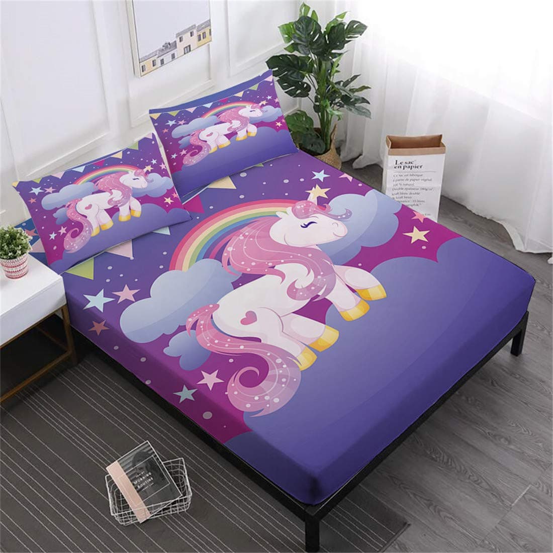Oliven 3D Cartoon Unicorn Sheets Twin Size,Fitted Sheets Set Twin Size,Bed Sheets Twin Purple Bedding Set 3 Pieces Girls Gift Home Decor