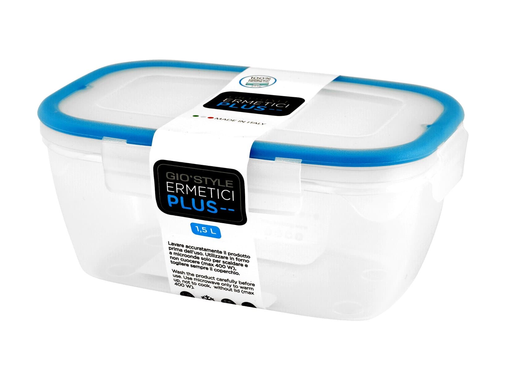 GIO'STYLEAirtight Food Container – 1.5 L – Made in Italy – Rectangular – Suitable for Refrigerator, Freezer, Microwave – Airtight Plus Line