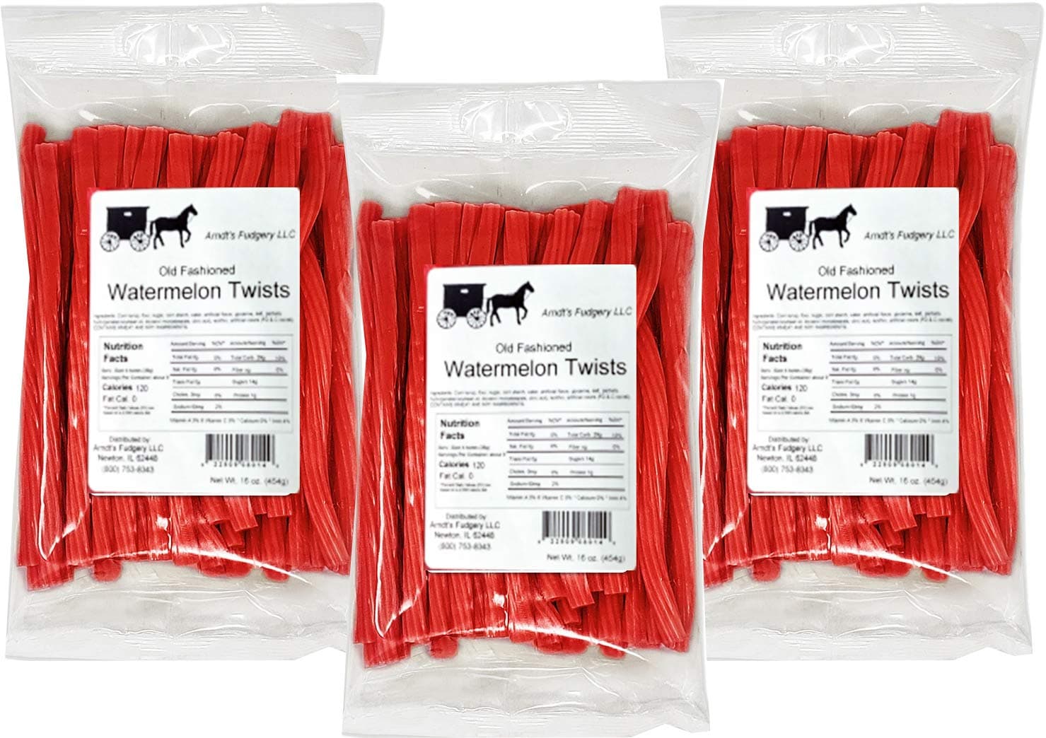 Arndts Fudgery Amish Licorice Twists - Three 16 Oz Pkgs (Watermelon)