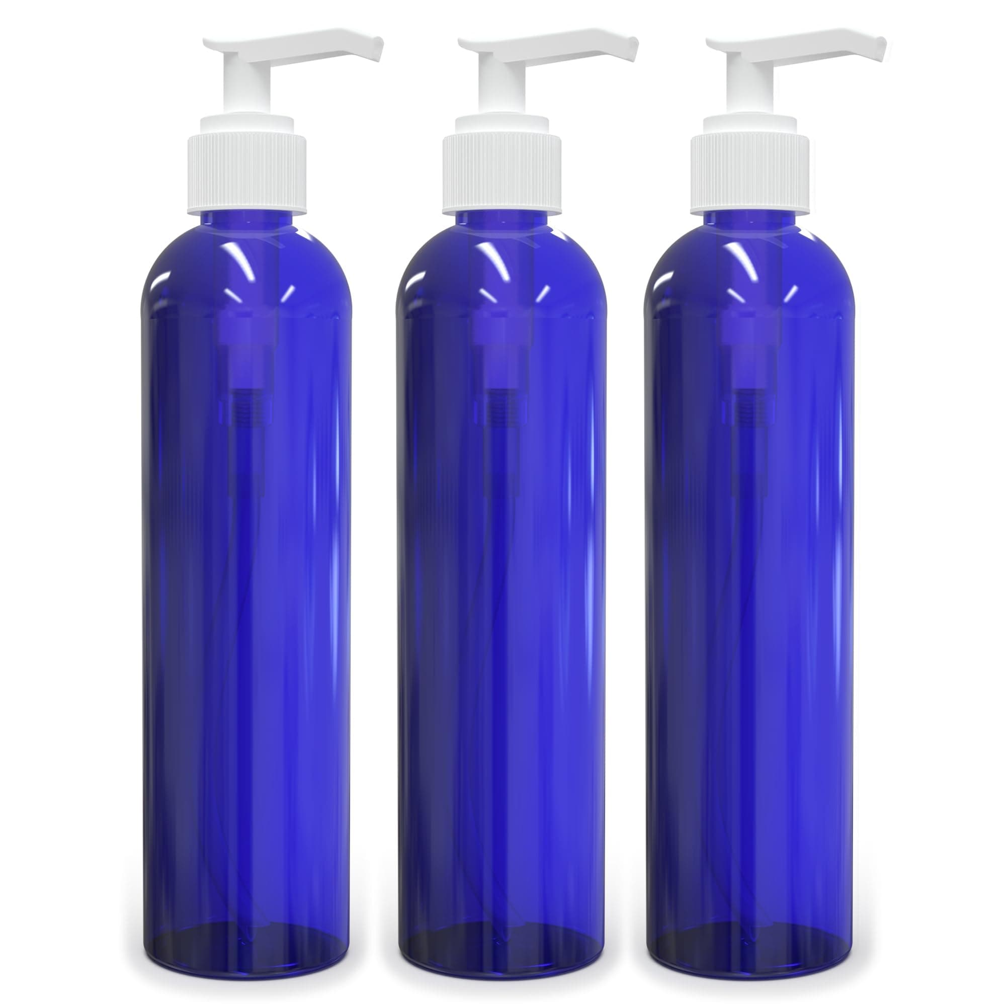 Empty Lotion Pump Bottles, 8 Oz Round, BPA-Free Refillable Plastic Containers, PETE1 Cobalt-Blue, Great for - Soap, Shampoo, Lotions, Liquid Body Soap, Creams and Massage Oil's (Pack of 3)