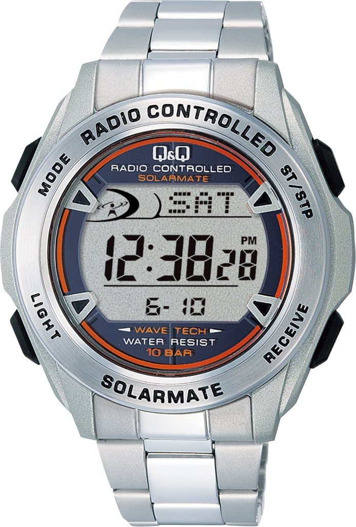 Citizen Q & Q MHS7-200 Men's Watch, Cue & Cue 10 ATM Waterproof, Digital, Radio Watch, Solar Chronograph, Silver