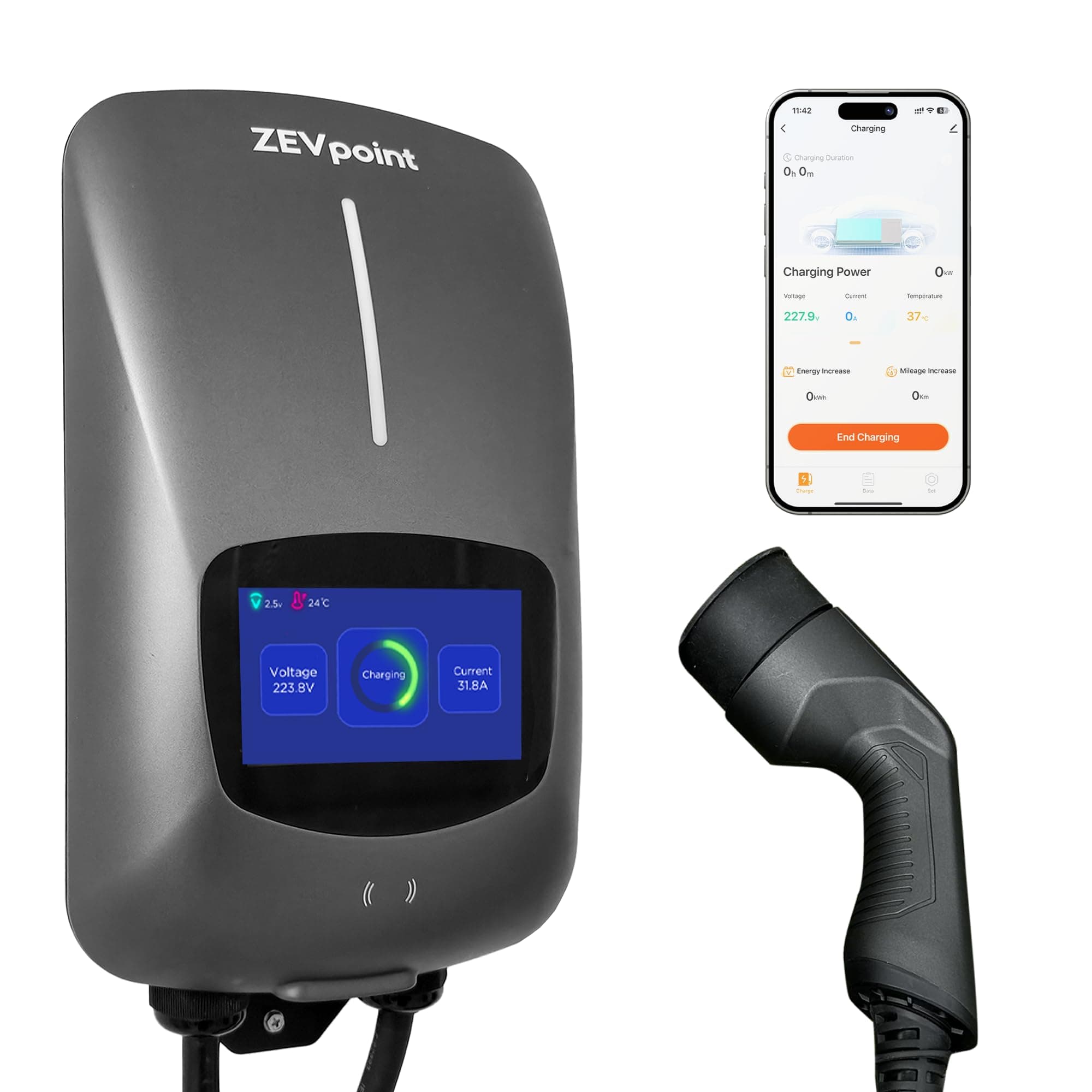 Zevpoint 7.5 kW Smart EV Charger | 4.3" Display | App, RFID, BT | IP66 Waterproof, Adjustable Power | Advanced Safety Features with Auto Cut-Off, Anti-Theft | CE Certified | Upto 5-yr Warranty | Wave