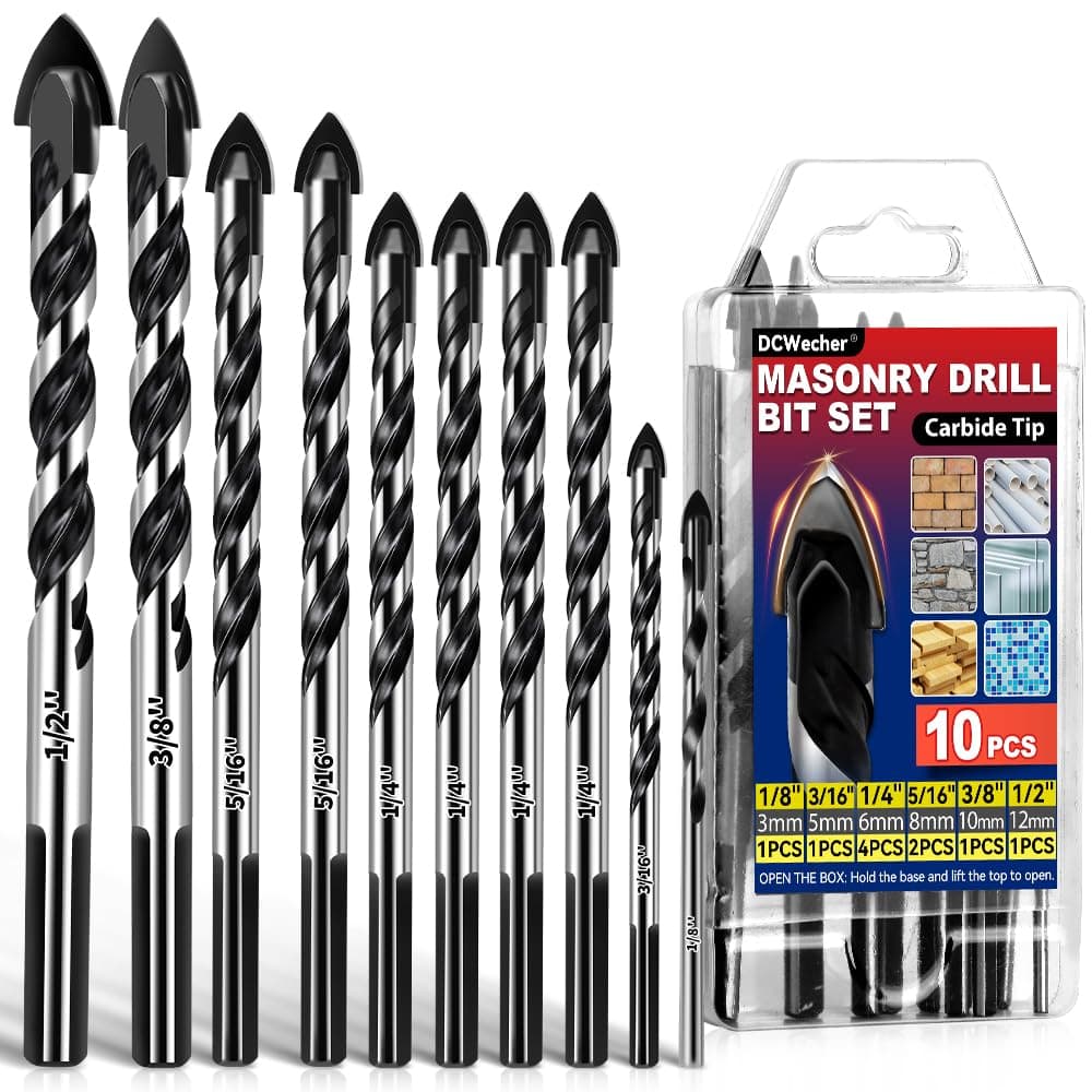 10-PCS Masonry Concrete Drill Bit Set, Heavy-Duty Masonry Drill Bits for Concrete, Brick, Tile, Cement, Carbide Tip (1/8" to 1/2")
