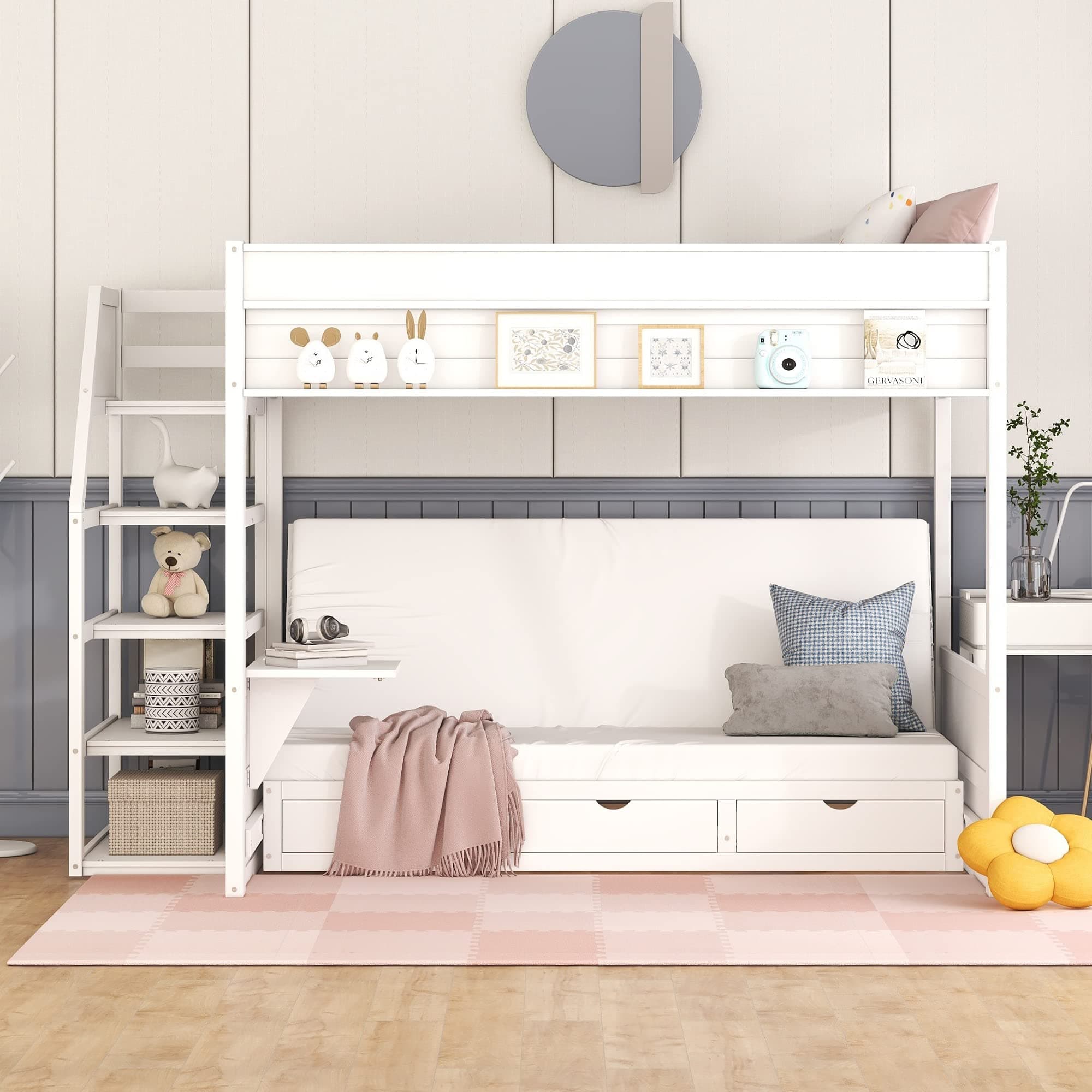 Multi-functional Full-Over-Full Bunk Bed with Storage Staircase and 3 Drawers, Solid Wood Bunk Bed Frame with Bedside Table for Kids Children Bedroom, Down Bed can be Convertible to Daybed (White-335)