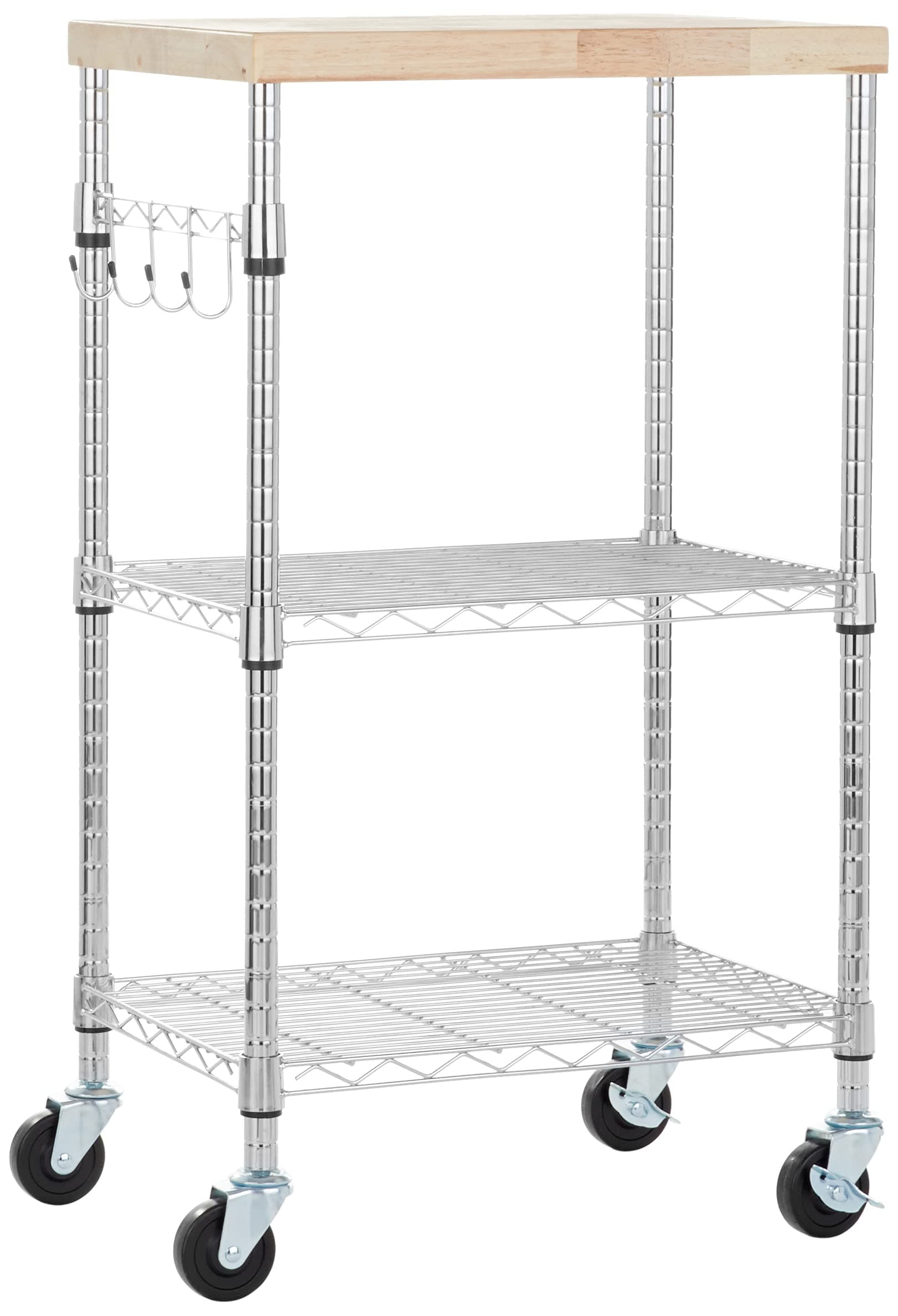 Amazon Basics Kitchen Storage Microwave Rack Cart on Caster Wheels with Adjustable Shelves, 79.3 kilograms Capacity, 38.1 x 53.3 x 93.2 cm, Wood/Chrome