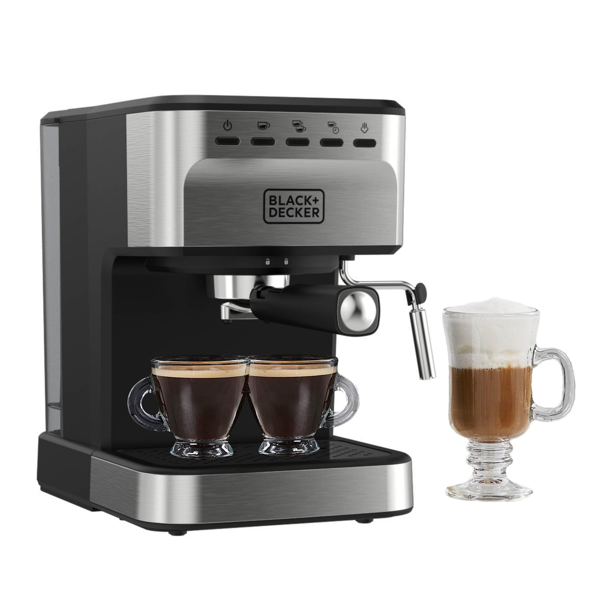 BLACK+DECKERSemi-automatic 15 bar espresso and cappuccino machine, versatile machine with possibility of using grounds or ESE pods to prepare your perfect cup of coffee