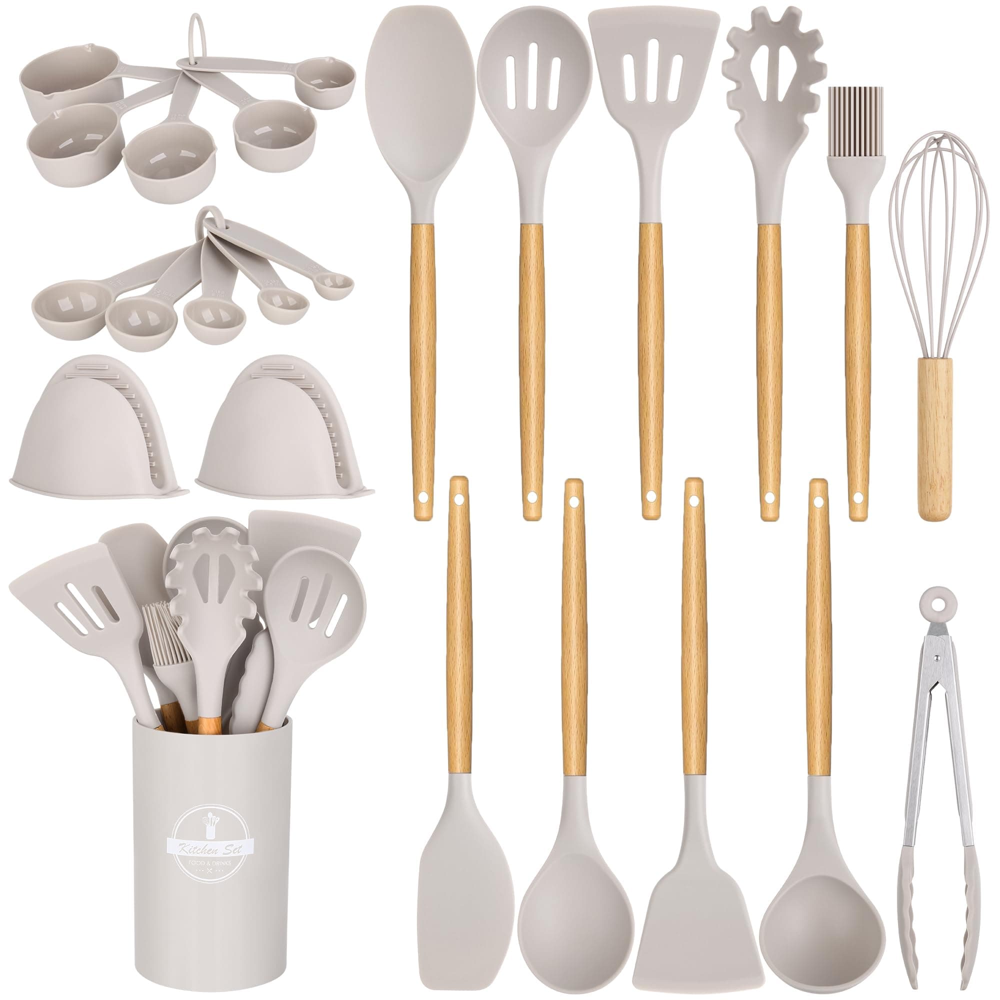 Silicone Kitchen Cooking Utensils Set, 24 Pcs Non-Stick Kitchen Utensil Spatula Set With Wooden Handles and Holder, BPA FREE Gadgets for Cookware, Kitchen Accessories, Khaki