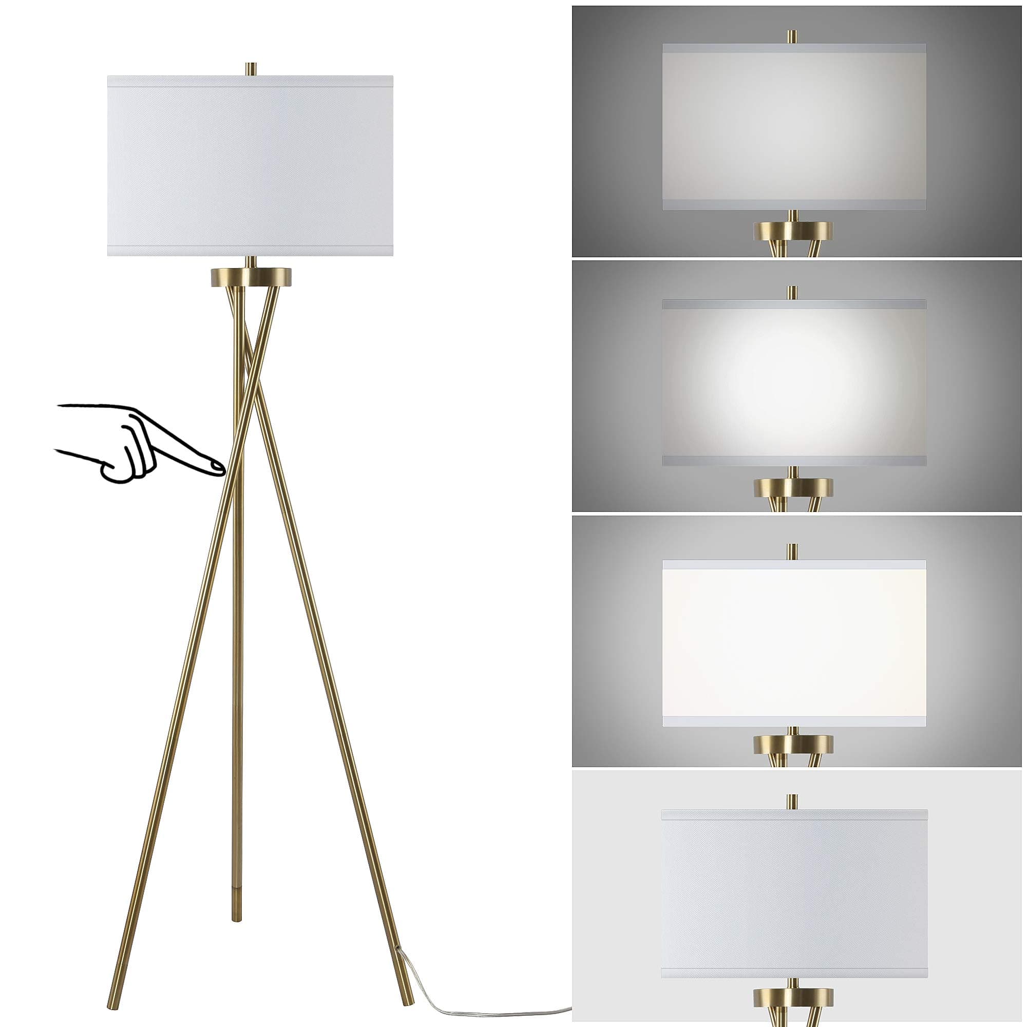 Touch Control Tripod Floor Lamp with White Linen Shade, Mid Century Standing Lamp, Modern Design Studying Light for Living Room Bedroom Study Room Office 3 Way Bulb Included (antiquer Brass)