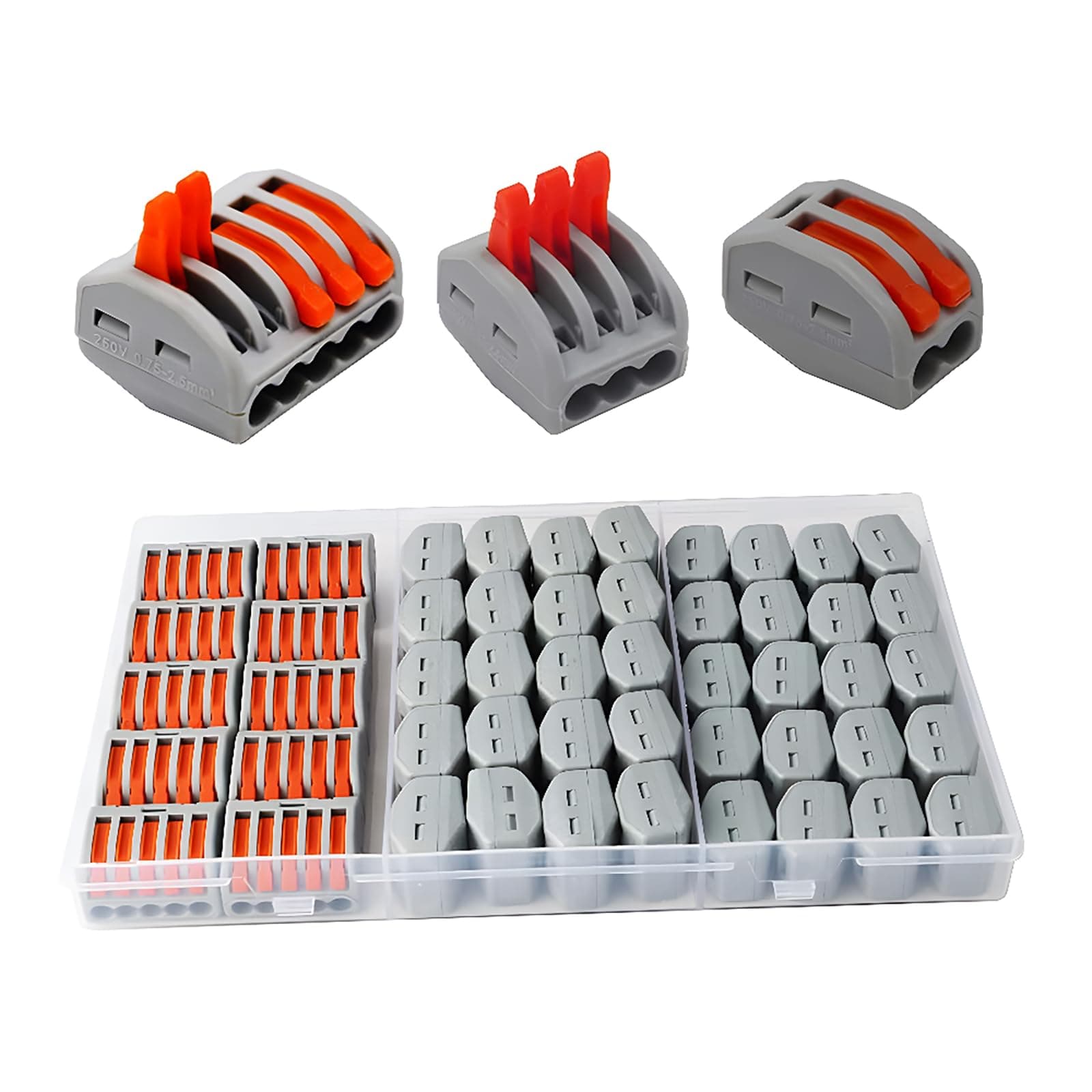 CESFONJER Lever Nut Connector, 50 Pack Assortment Conductors Compact Wire Connectors 2 Holes (20pcs), 3 Holes (20pcs), 5 Holes (10pcs).