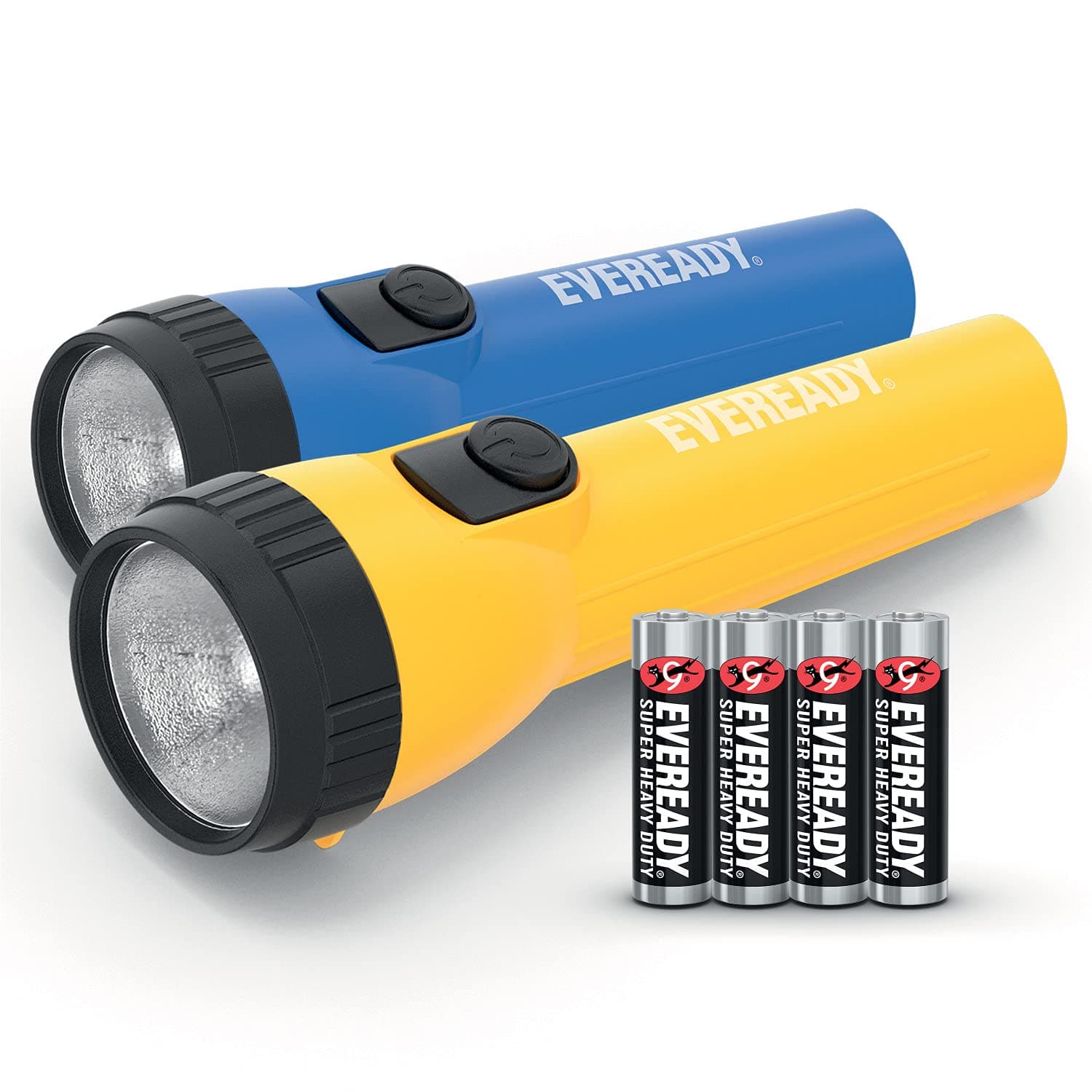 Energizer Eveready LED Torch Pack of 2, Super Bright Flashlight, Water Resistant, Perfect for Camping , Outdoors & Emergency Light, Pack of 2, 4 AA Batteries Included, Blue/Yellow