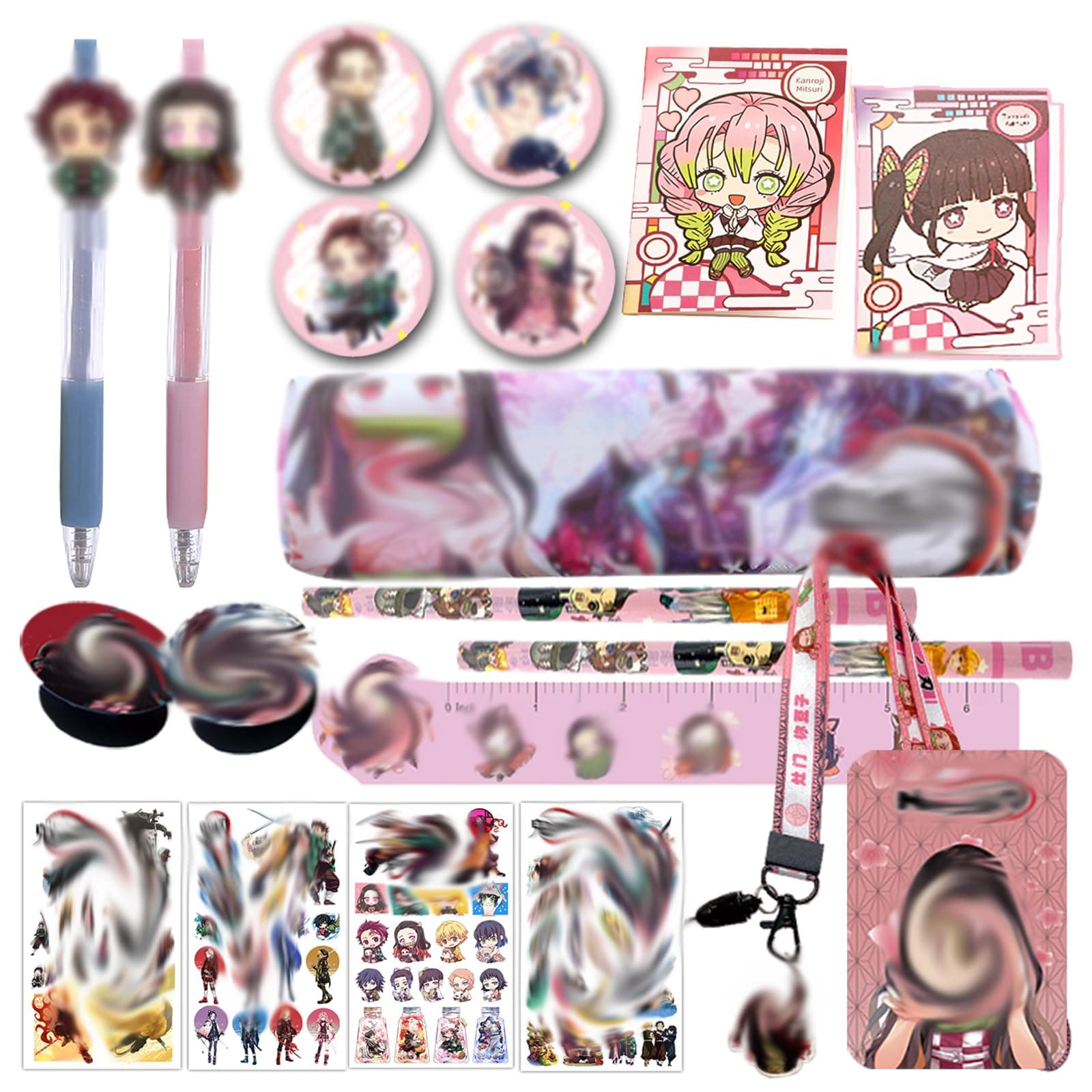 Anime Gift Set Include Pencil,Rollerball Pen, Ruler,Card Holder with Lanyard,Notebook,Tattoo Sticker,Phone Ring Holder,Button Pins