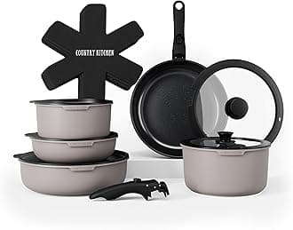 Country Kitchen 16 Piece Pots and Pans Set - Safe Nonstick Kitchen Cookware with Soft Touch Removable Handle, RV Cookware Set, Oven Safe (Grey)