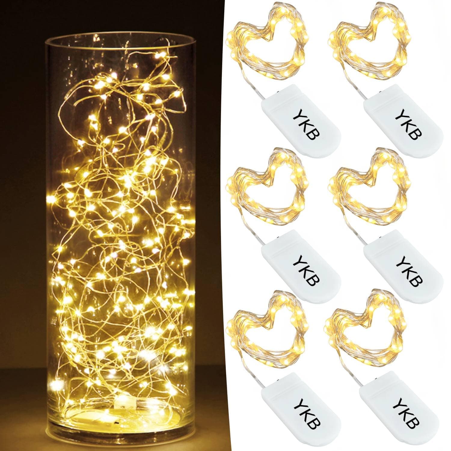 6 PCS Fairy Lights LED Starry String Lights with 20 Micro LEDs on 3.3FT/1m Copper Wire, Powered by 2xCR2032(Incl) Batteries, for Wedding Party Holiday Halloween Christmas Decorations, Warm White
