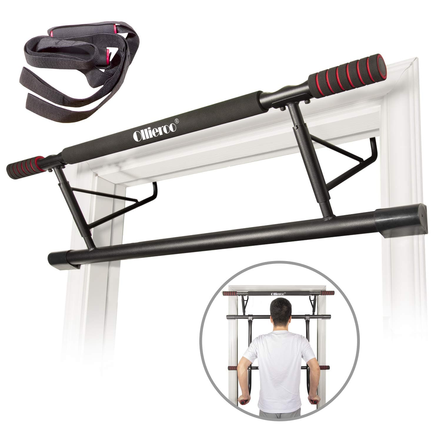 Ollieroo 4 in 1 Doorway Trainer – Pull Up Bar, Push Ups, Dips Bar & Power Ropes for A Total Body Home Workout, Pull Up Bar Doorway Chin Up Strength Training Bars Multi-Grip Trainer Workout for Home