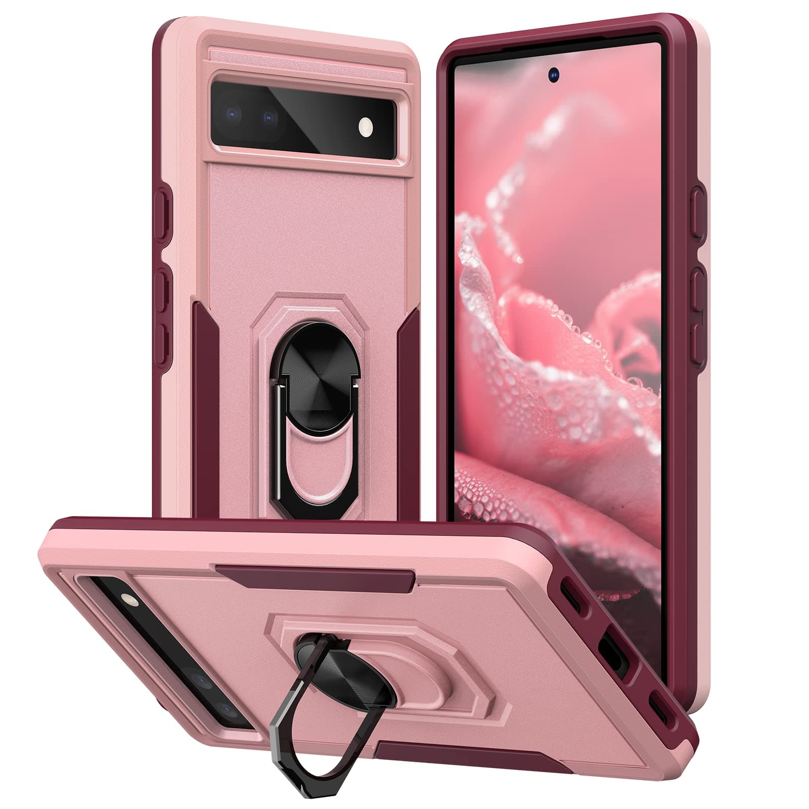 pcgaga Compatible with Google Pixel 6a Case with Ring Holder Stand, Support Magnetic Car Mount, Hard PC Back Soft TPU Bumper Dual Layer Hybrid Shockproof Phone Cover, 6.1 inch - Pink and Rose