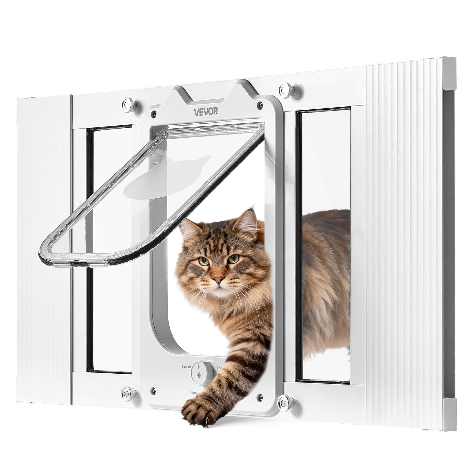 Cat Door for Window, Adjustable to Fit Window Width 23"-28", 4 Secure Lock Modes, Aluminum Frame and High-Transparency Glass, Magnetic Closure, Weatherproof Quick-Fit Pet Door for Cats, White