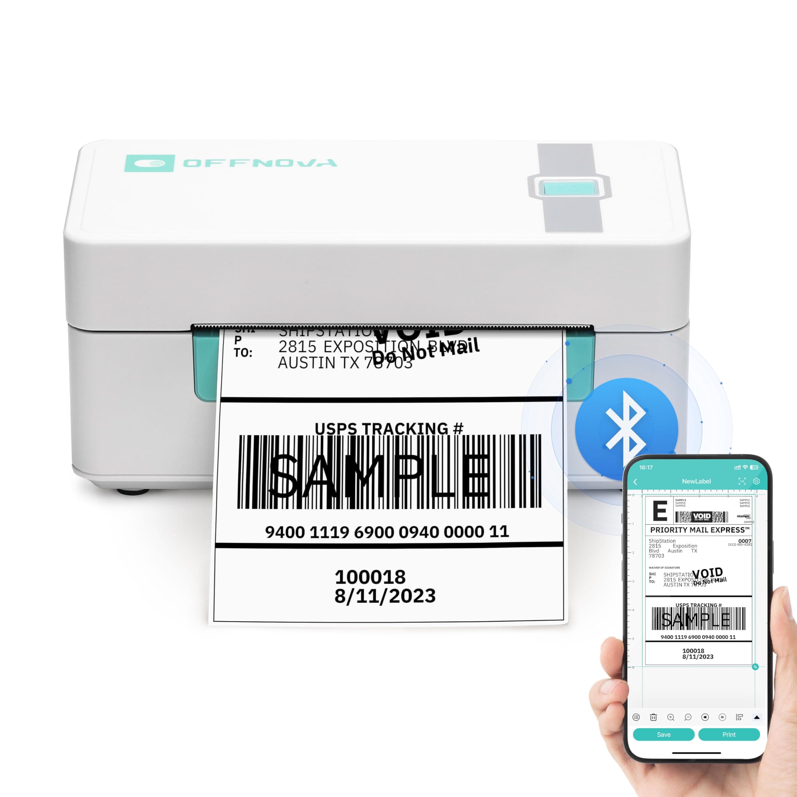 OFFNOVA Shipping Label Printer, Bluetooth Thermal Label Printer 4x6 for Small Business and Shipping Packages, Supports Windows Mac iOS Android, Works with USPS Ebay Shopify Etsy