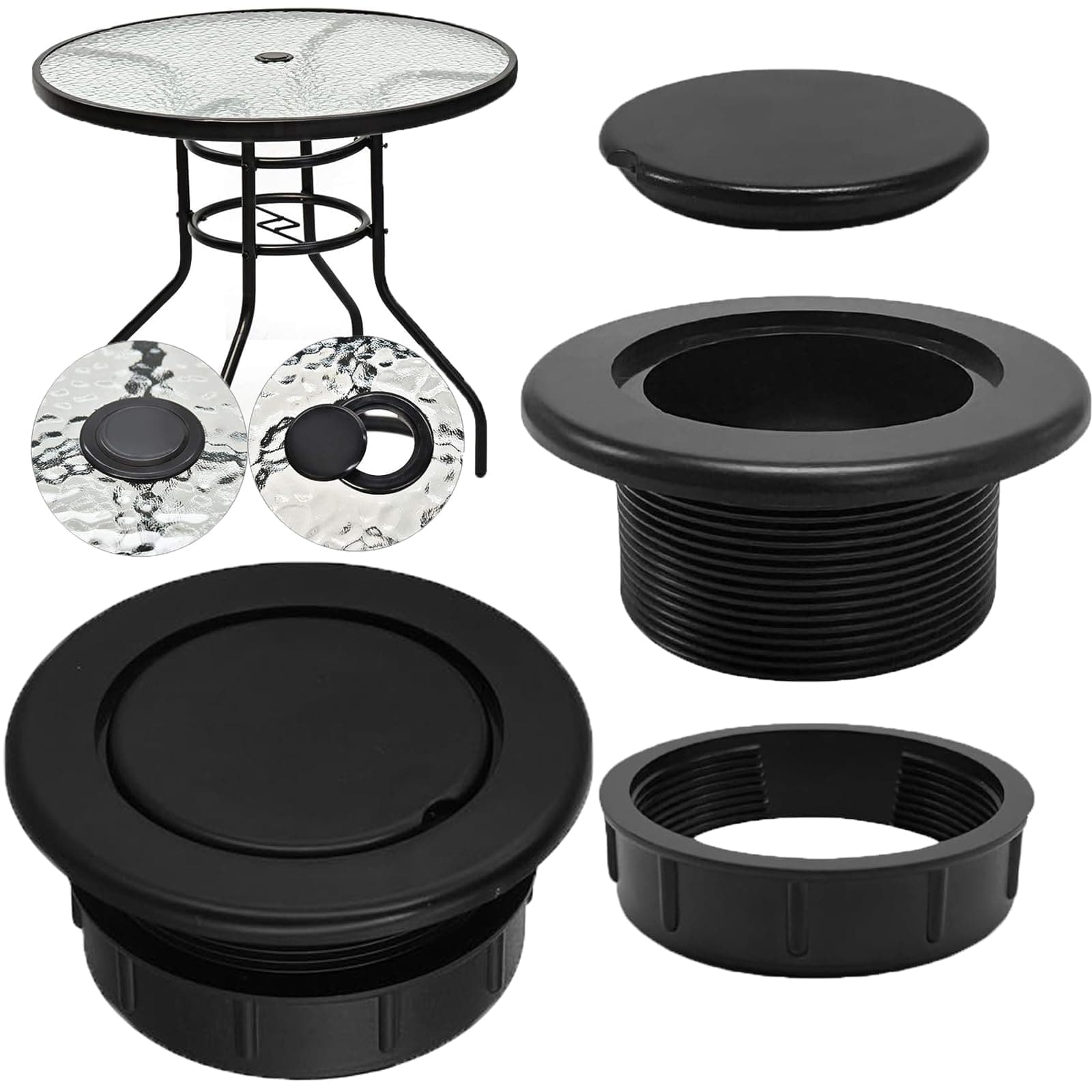 Patio Table Umbrella Hole Ring Plug Cap Set for Outdoor Parasol Table Hole Cover Insert Pole Replacement Stabilizer Parts Black