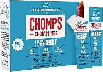 Chomps Snack Size Grass-Fed and Finished Sea Salt Beef Jerky Snack Sticks 0.5oz 24-Pack - Keto, Paleo, Whole30, 4g Lean Meat Protein, Gluten-Free, Zero Sugar Food, Non-GMO Chomplings