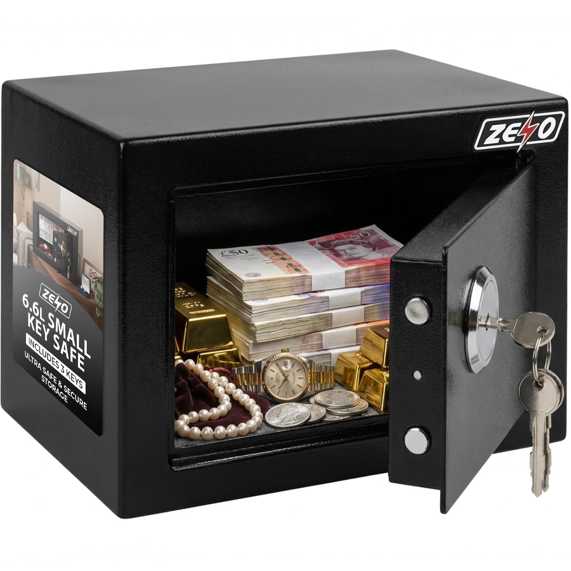 ZENO Safe Box 6.6L | Small Home Security Box For Office Use | Steel Lock Money Storage Vault With Keys | Mini Valuables Lock Box For Cash Jewellery Documents | Compact Steel Unit Includes 3 Keys