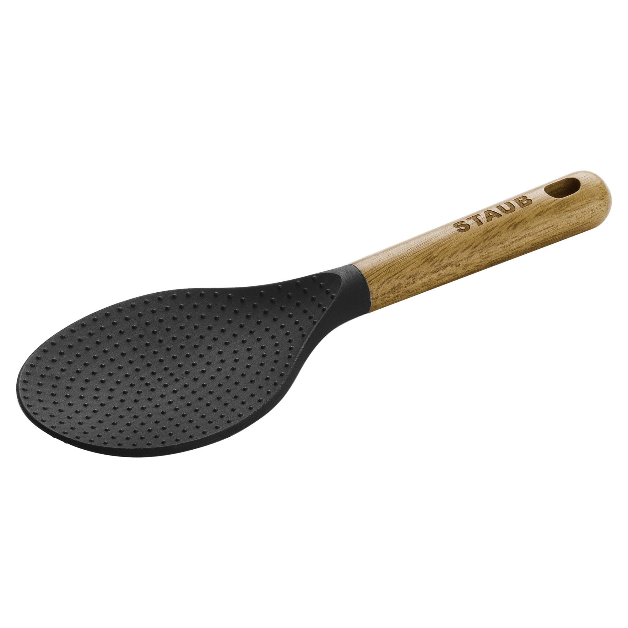 Rice Spoon, Perfect for Keeping Rice Fluffy While Scooping and Serving, Durable BPA-Free Matte Black Silicone, Acacia Wood Handles, Safe for Nonstick Cooking Surfaces, 8.75 x 3 x 0.75 inches