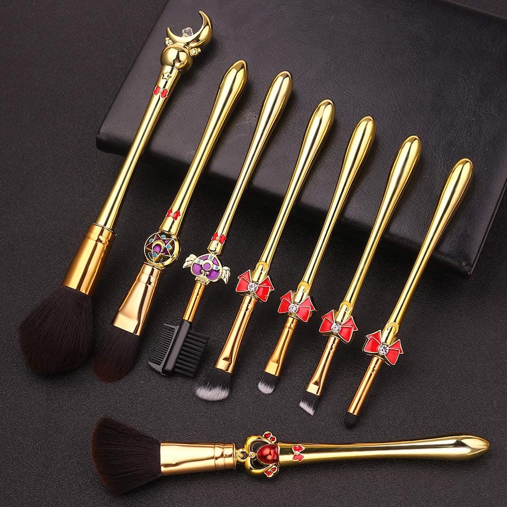 Sailormoon Makeup Brushes Set - 8pcs Plastic Handle Cosmetic Makeup Brush Set Professional Tool Kit Set Pink Drawstring Bag Included (Gold-1)