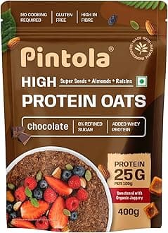 PINTOLA 25g High Protein Oats 400g, Dark Chocolate,No Refined Sugar, with Almonds Raisin, Pumpkin and Chia Seeds, 8g Fibre, Rolled Oats for weight loss, Breakfast Cereals | Gluten Free