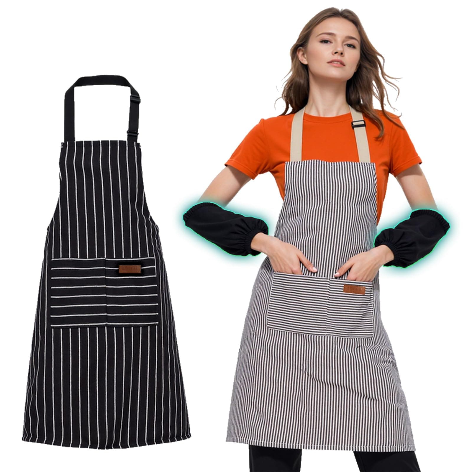 2 Pack Apron with Detachable Sleeves,Adjustable Bib Kitchen Cooking Chef Apron with 2 Pockets,Full Coverage Protection for Cooking/Cleaning/Gardening | Home BBQ Workshop Use | Unisex for Men Women