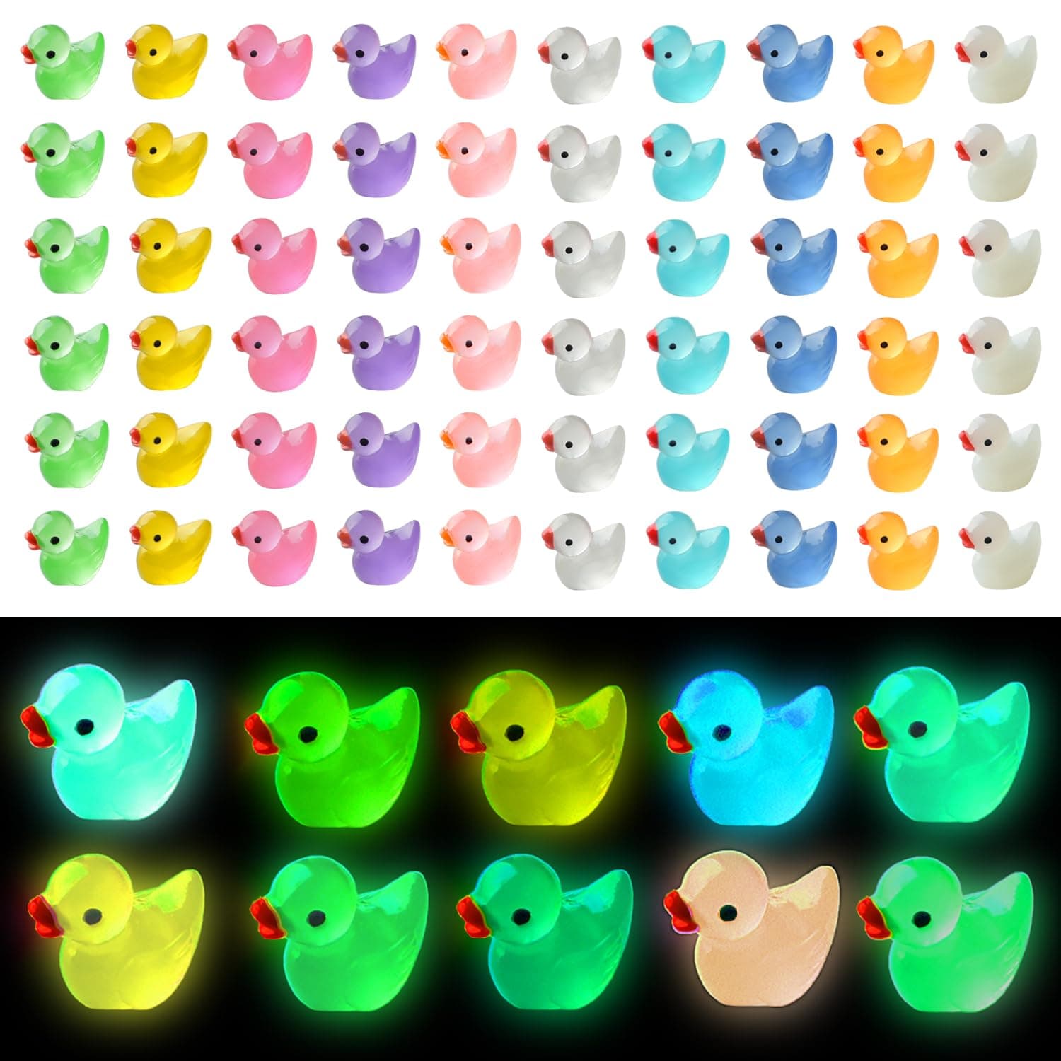 60 Pcs Tiny Duck Figures Glow in The Dark Mini Resin Duck Luminous Miniature Ducks Bead for Garden Landscape Aquarium Decoration(Luminous)