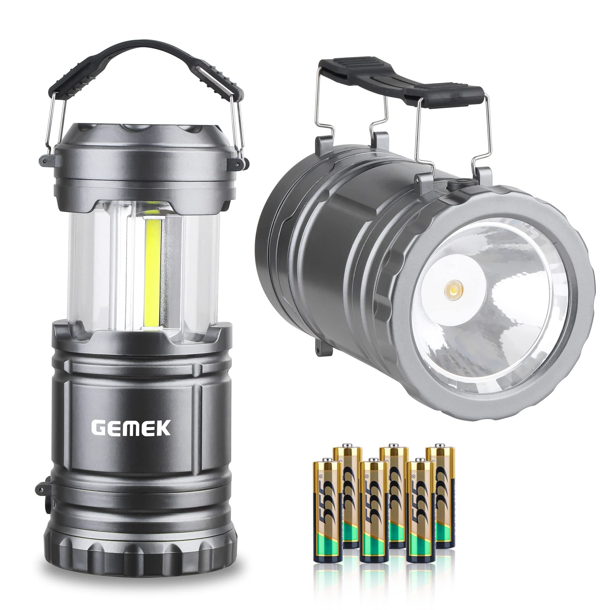 GEMEK 2 x LED Camping Lantern Battery Powered Flashlights Portable 2-in-1 Collapsible COB Lantern Lights for Camping, Car, Shop, Attic, Garage, 6 AA Batteries Included (Gray)